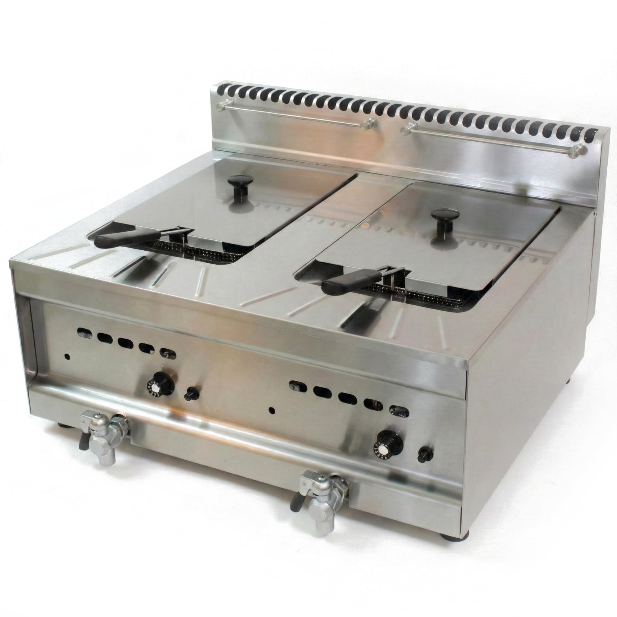 MBH - Freidora a gas profesional 20 litros 2 cubas con grifo de vaciado para hostelería. Freidora doble de sobremesa industrial para cocina de restaurante.