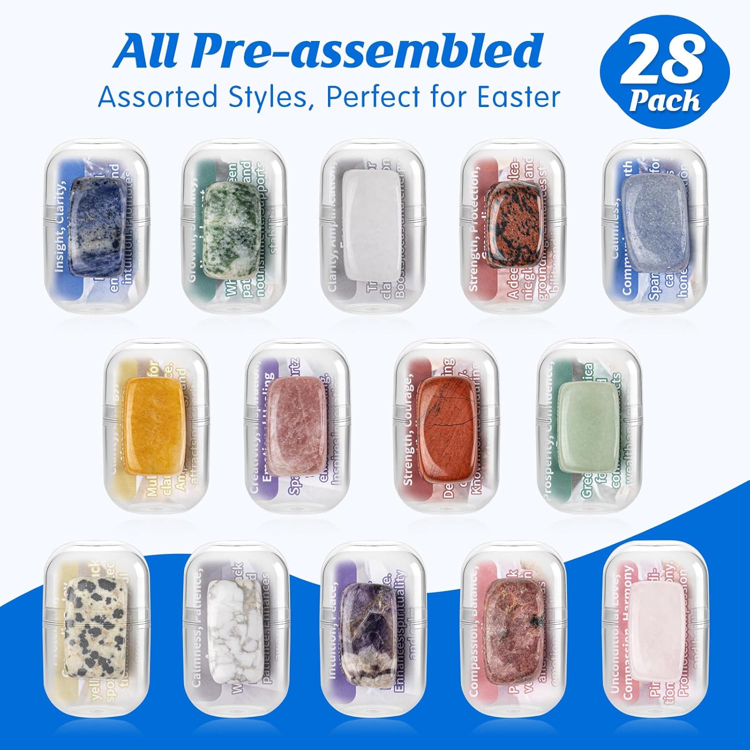 MEADIN 28 Pack Prefilled Easter Eggs with Gemstones - Filled Easter Clear Eggs with Natural Gems Crystal & Guide for Kids Easter Egg Hunting Party Favors