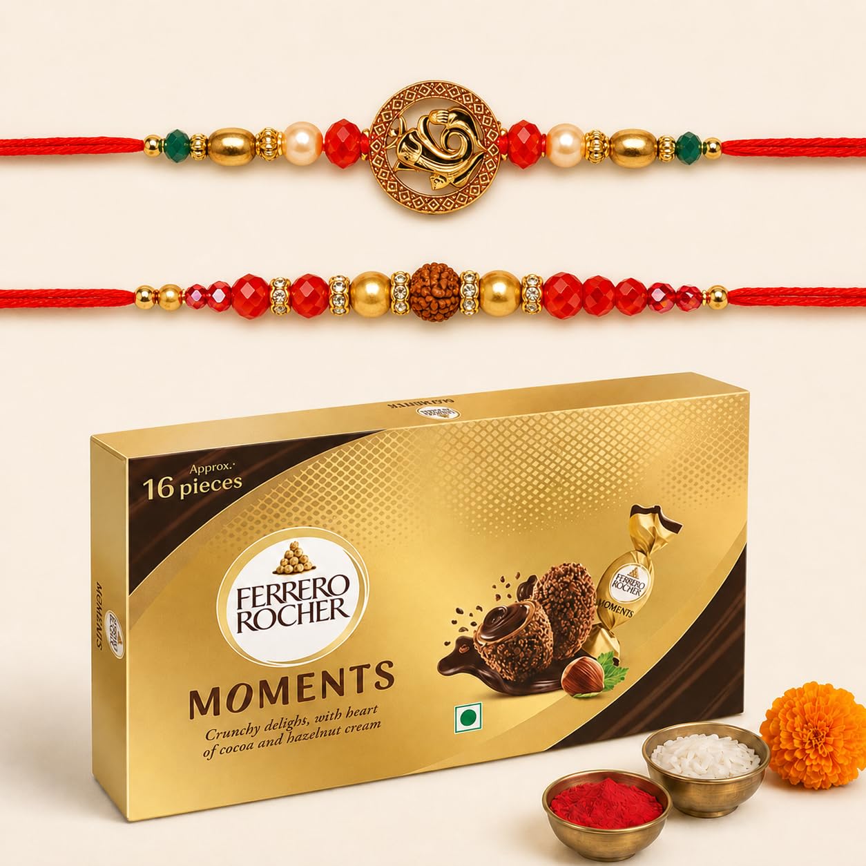 Gifticon Rakhi Set for Brother Bundled with Chocolate | Rakshabandhan Gift Box with Chocolate Pack | Greeting Card | Roli | Chawal | Premium Rakhi Gifting Set with 1 Ganesha 1 Rudraksh Rakhi