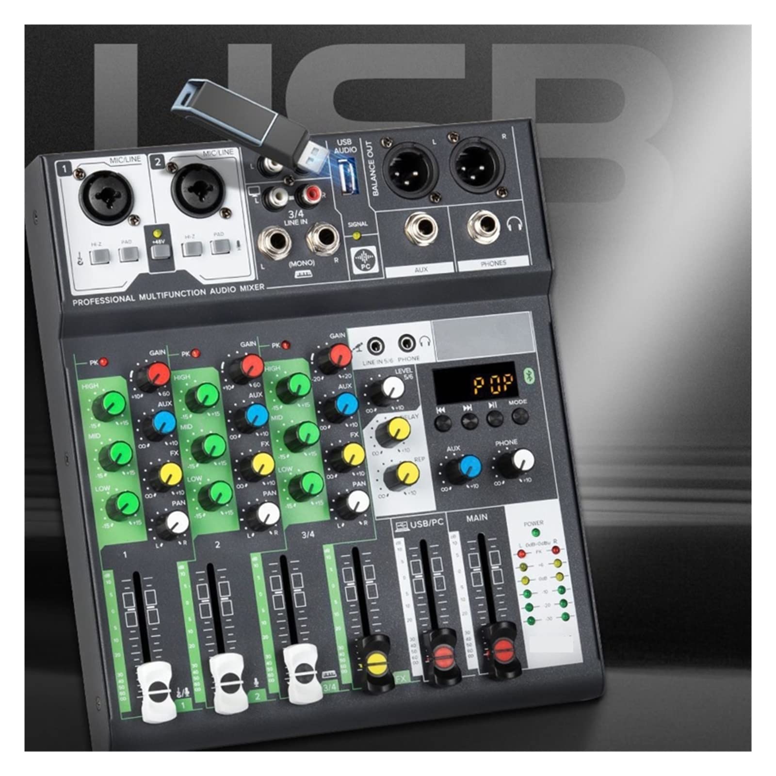 Mikser DJ-ski, Konsola miksująca dźwięk USB Record Computer 48V Phantom Power Delay Repaeat Effect 4 kanały mikser
