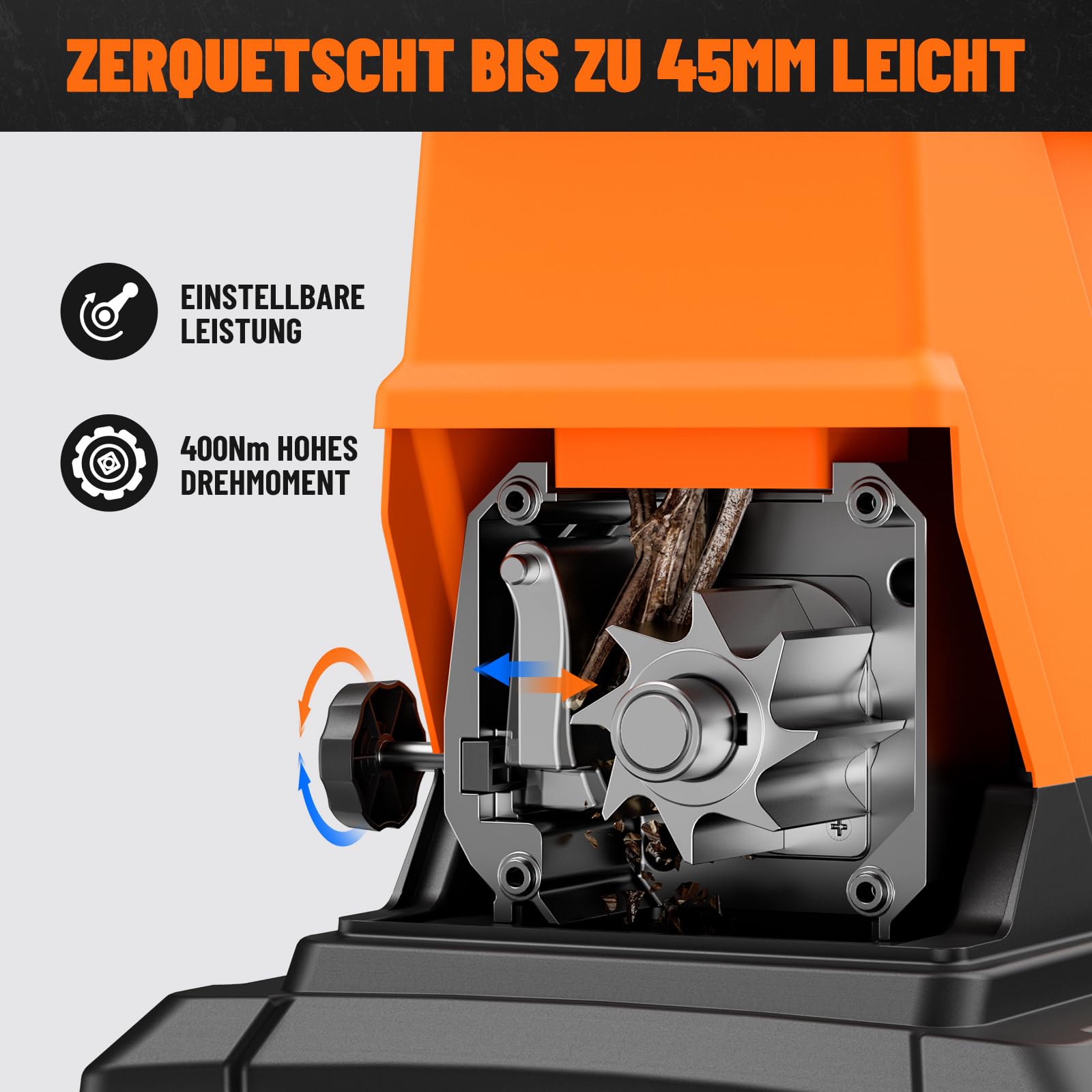 DOVAMAN GT10 Trituradora Silenciosa, Biotrituradora con Rodillo de 8 Dientes, Tritura hasta 45mm, 2800W Motor Sin Escobillas, 88dB, 55L Caja, 18:1 Relación, Triturado sin Esfuerzo de Residuo de Jardín