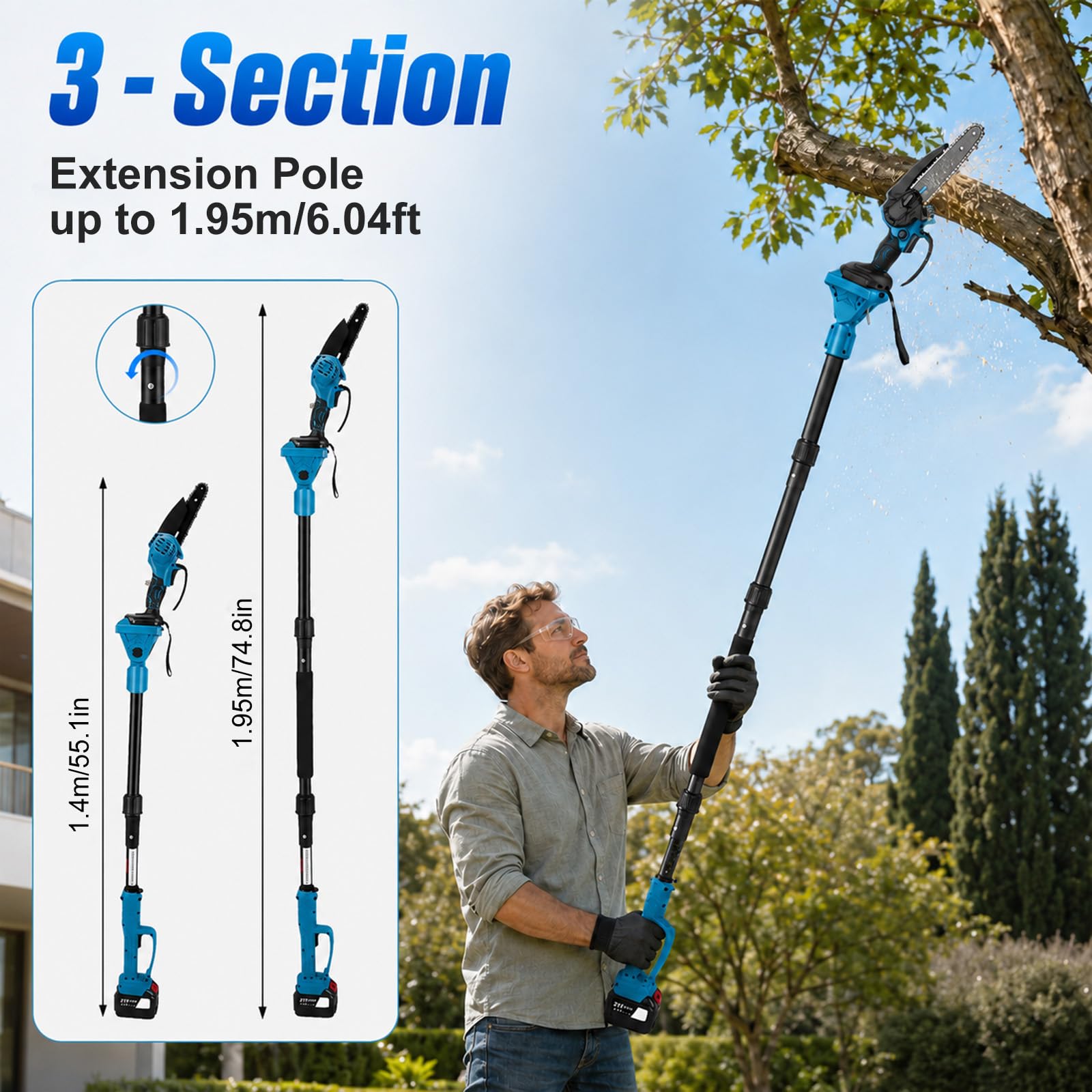 Tijeras de podar telescópicas 4 en 1, 6 pulgadas, cortasetos con batería de 2 x 4000 mAh, ángulo ajustable de 180°, motor de cobre (25000 rpm), 4 cadenas, guantes y gafas de protección, para jardín y