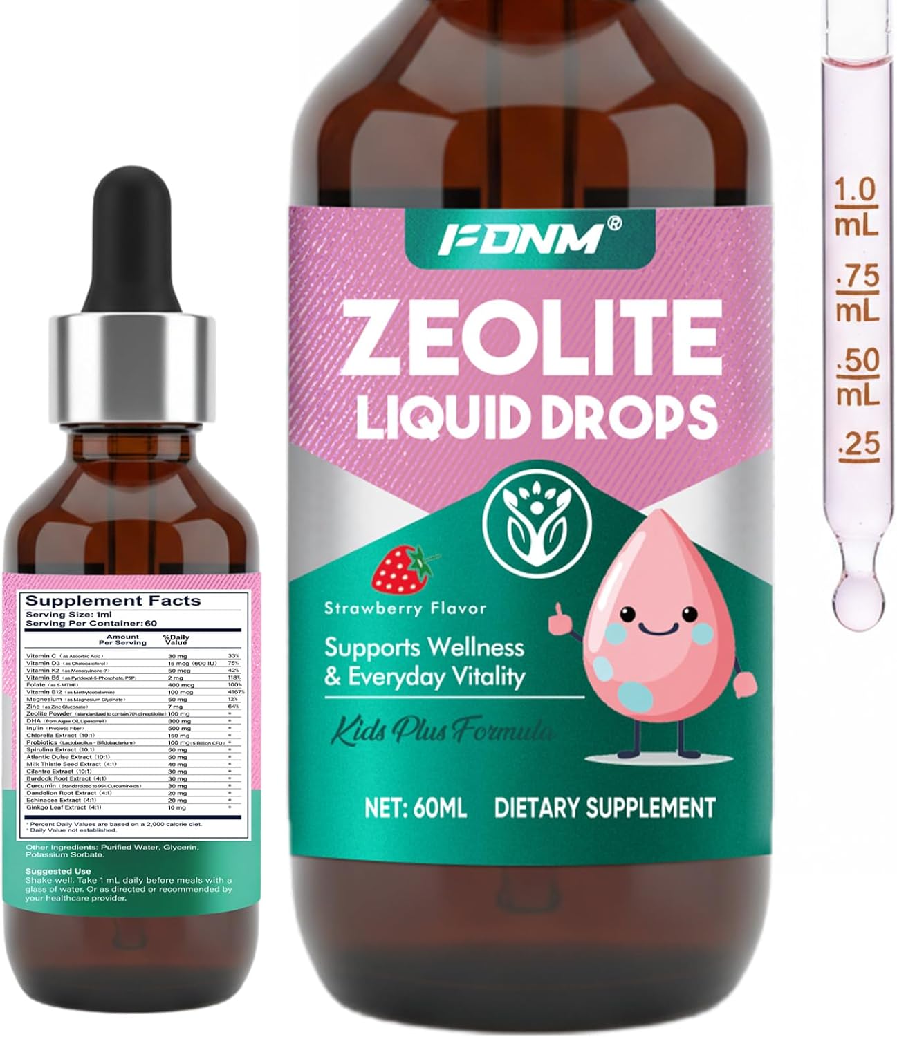 Zeolite Drops for Kids & Adults, Natural Zeolite Supplement with Vitamins B12, C & D3, Support for Immune, Bone & Energy, Gentle Ingredients for Digestion and Gut Health, Strawberry Flavour