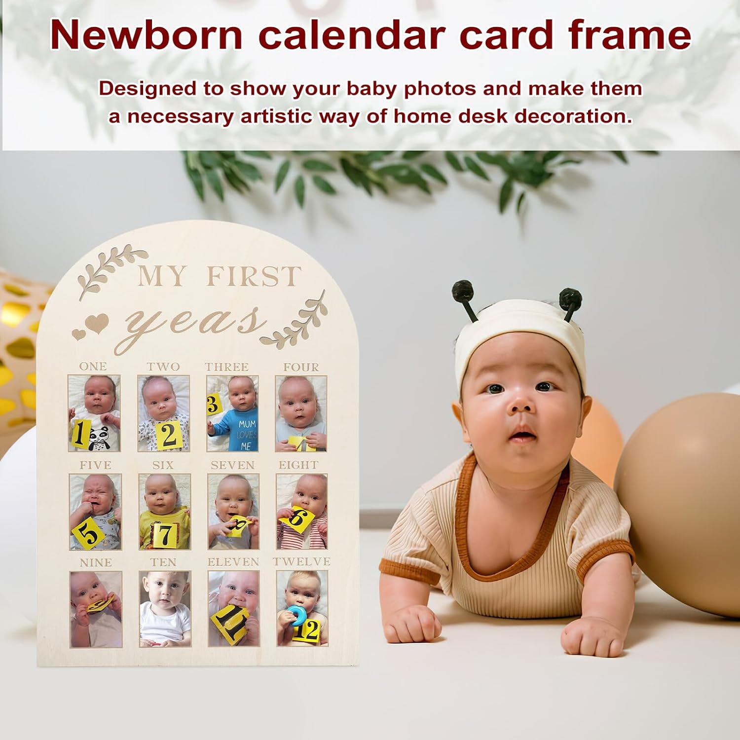 BESPORTBLE Wooden First Year Picture Frame with Newborn Milestone Photo Board Keepsake for Monthly Photos Nursery Décor