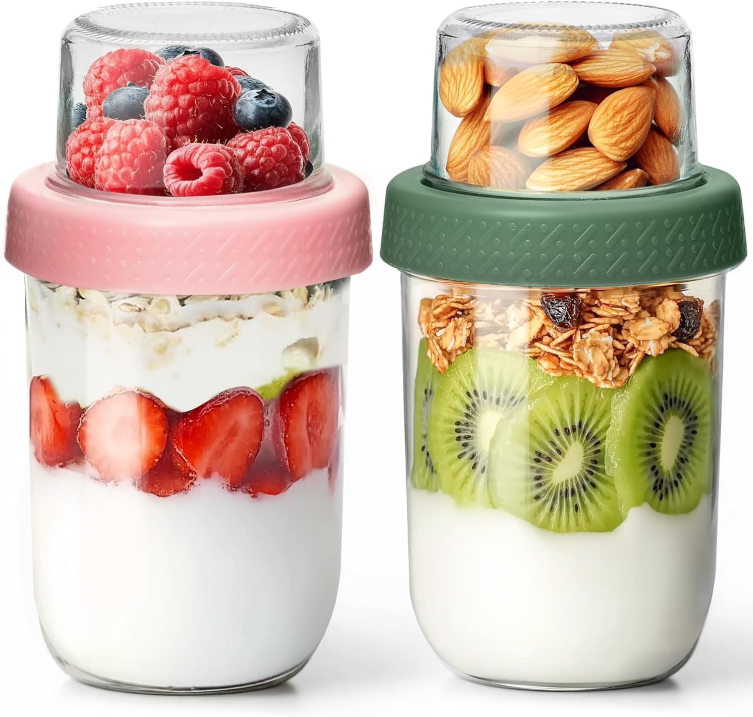 2Pack Overnight Oats Containers, Dual-Layer Chia Pudding Jars with Dry/Wet Separation,Yogurt Parfait Cups, (500ml+120ml) Glass Mason Salad Jars with Lids for Breakfast Oatmeal Cereal