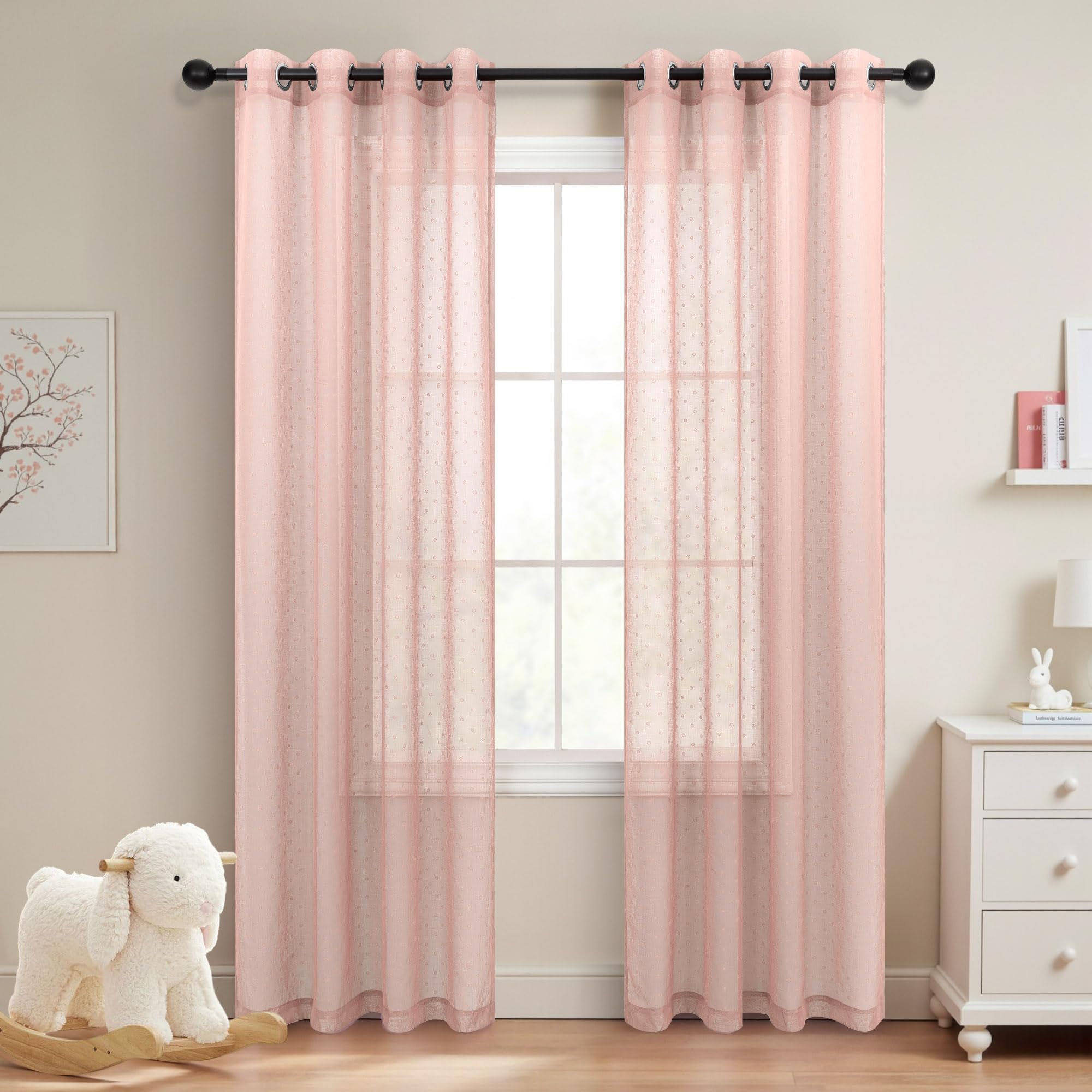 Pitalk Peach Pink Sheer Curtains 72 Inches Long for Girls Bedroom Nursery Decor Polka Dots Patterned Drapes Grommet Light Blush Pink Sheer Window