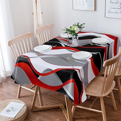 Red Black Grey Tablecloths for Rectangle 60x102inch Table Cover, Cotton Linen Fabric Table Cloth for Dining Room Kitchen, Modern White Moire Geometric Abstract Art