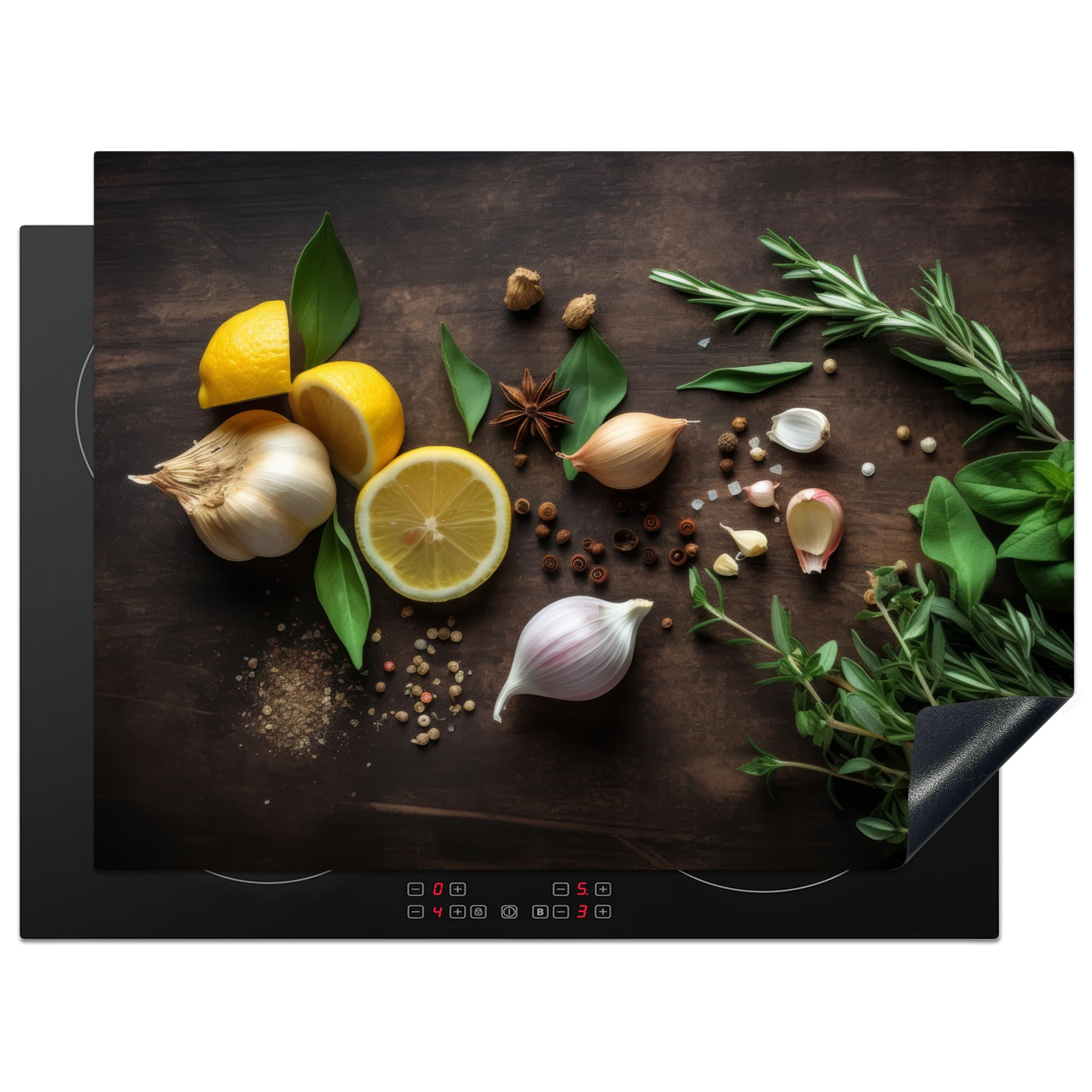 KitchenYeah© Induction Hob Protector Mat 20.5"x28" / 71x52 cm Stove Cap Top Cover Kitchen Cooker Covers for Electric Hobs Vinyl Herbs - Lemon - Fruit - Wood Print