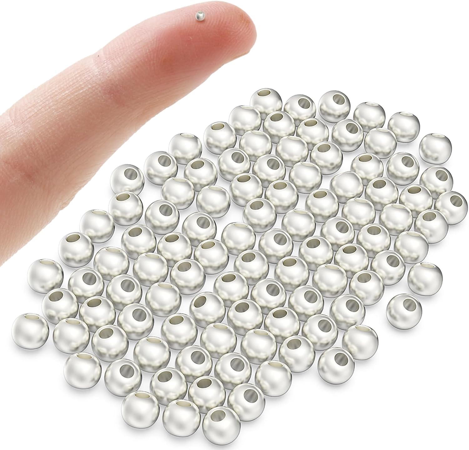 OHINGLT 925 Sterling Silver Beads for Jewelry Making,Smooth Round Ball Spacer Beads for Ring, Necklace, Earring, Bracelet Making (Made in Italy, 2mm)