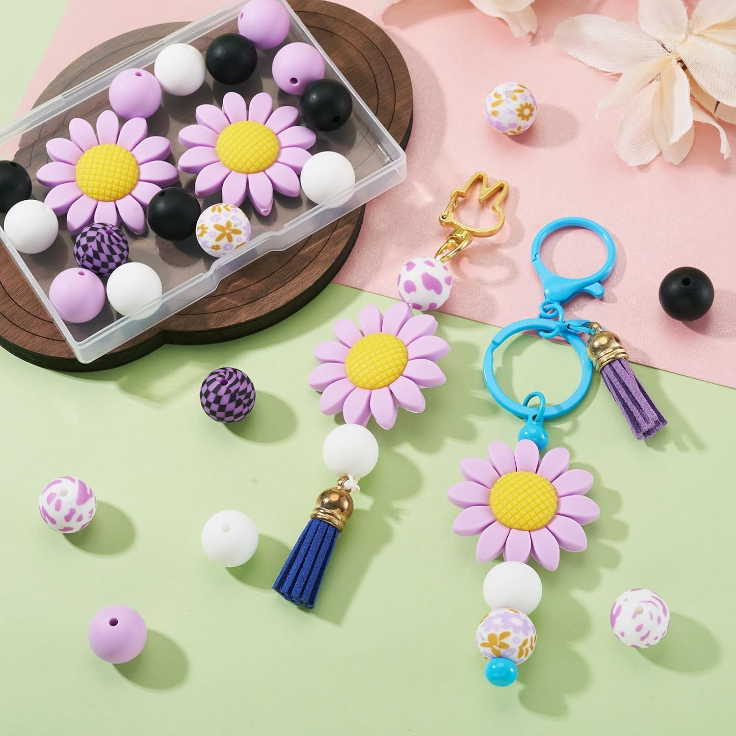 23Pcs Silicone Beads for Keychain Making Silicone Focal Beads Spacers Purple Lilac Flower 15mm Round Rubber Bead for Pens Jewelry Making Keychain DIY Crafts Necklace Bracelets image 2