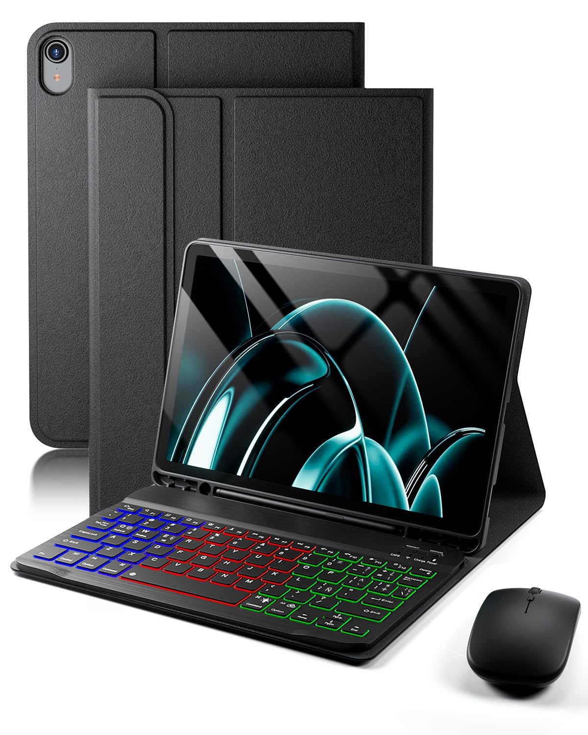 Para iPad A16 11 Generación (2025) 11 pulgadas / iPad 10 Generación (2022) 10,9 pulgadas funda con Teclado inalámbrico Bluetooth retroiluminado (teclado QWERTY, distribución española) y ratón,Negro