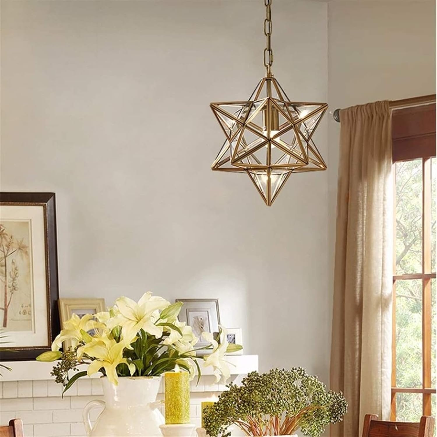 LED Pendant Light European Creative Star Island Glass Lantern Hanging Lamp Brass Frame Chandelier E-dison Lamps Fixture for Dining Room Living Bedroom Entrance Retro Decor Kitchen