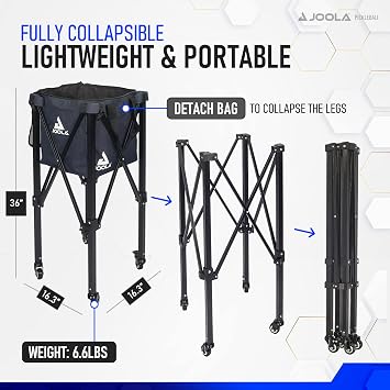 JOOLA Pickleball Ball Caddy - Holds up to 100 Balls - Includes 2 Side Pockets - Pickleball Equipment for Practice & Server Machine - Wheeled Cart with Bulk Ball Storage Bag - Black