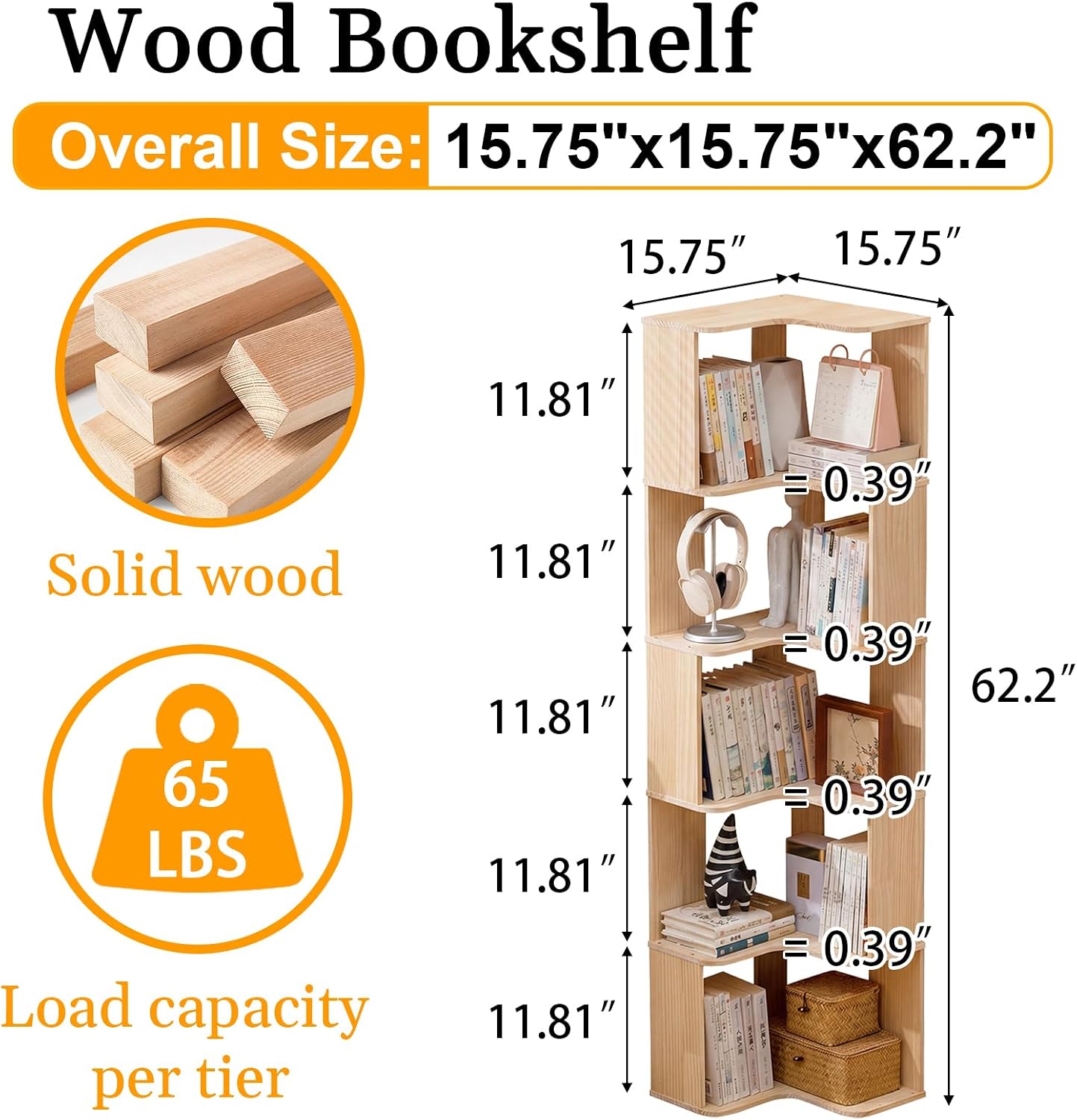 Baveke 6 Tier Corner Bookshelf - L Shaped Bookcase, Freestanding Corner Shelf Stand, Solid Wood Corner Bookshelf Space Saving for Bedroom, Living Room, Natural