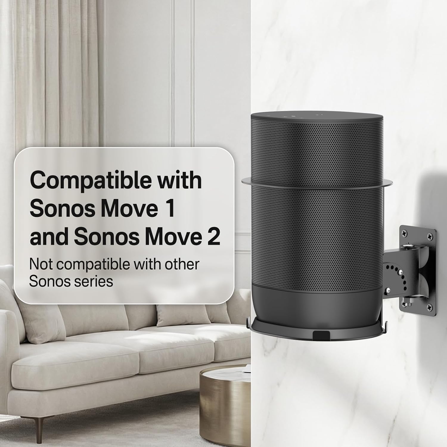 Adjustable Speaker Wall Mount for Sonos Move and Sonos Move 2, Wall Mounted Bracket, Adjustable Tilt and Swivel, Space Saving Speaker Holder,Black