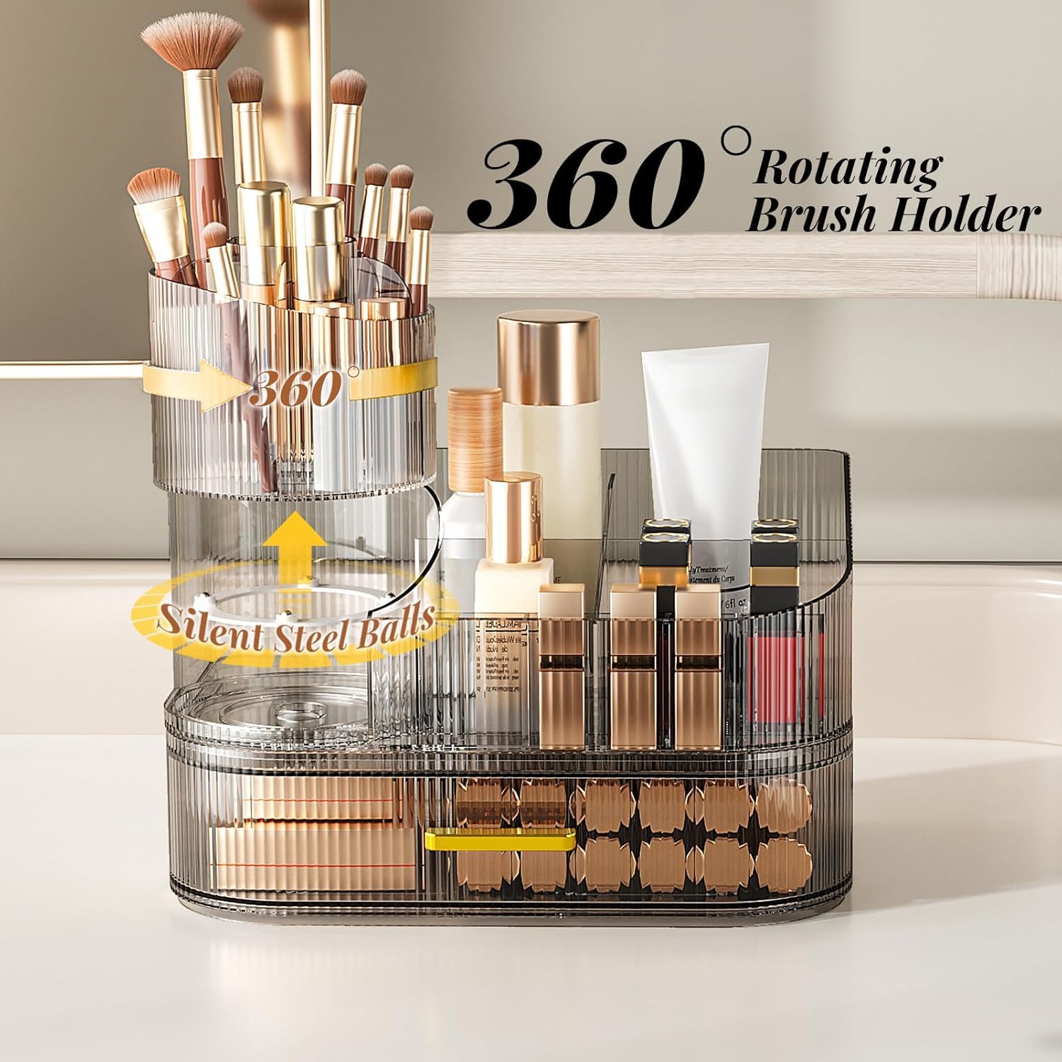 Organizer per trucchi per toeletta con cassetti impilabili, porta pennelli da trucco rotante a 360 gradi, grande espositore per cosmetici per comò, organizer per la cura della pelle da piano di
