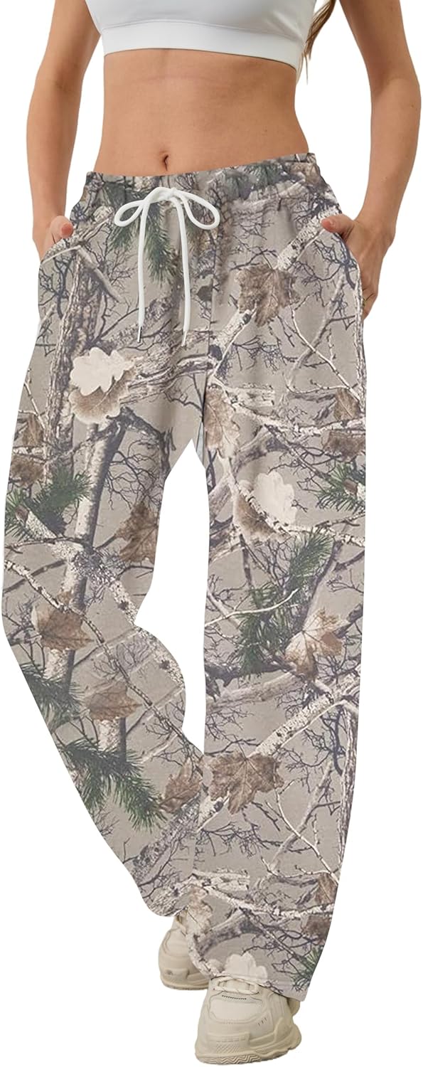 Camo Pants for Women Drawstring Wide Leg Cargo Pants Baggy High Waisted Sweatpants Fleece Y2k Camouflage Jogger Pants