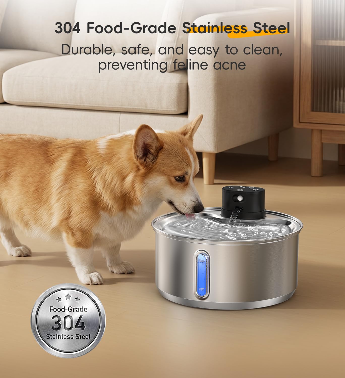 Fuente de agua de acero inoxidable para gatos, fuente inalámbrica para perros de 186 fl.oz/1.45 galones | Fuente inalámbrica para mascotas; batería de 5000 mAh; interior; modos de agua triples; 25 dB ultra silenciosa