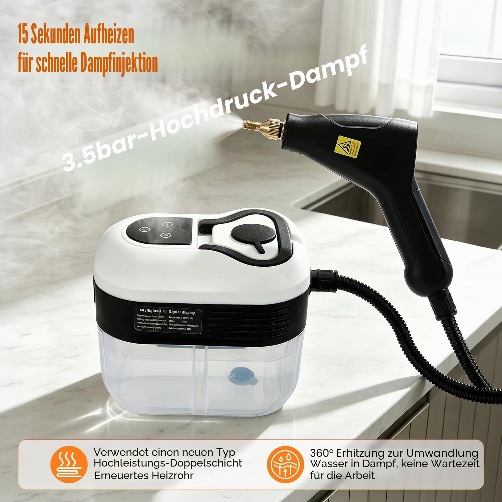 4.5BAR Dampfreiniger Handgerät, 2500W Hochdruck-Steam Cleaner mit 1800ml Wassertank, 15 Sekunden Schnellaufheizung, 6-stufig Verstellbar, für Küche Bad Auto Boden Polster – Chemiefrei & Sterilisiert