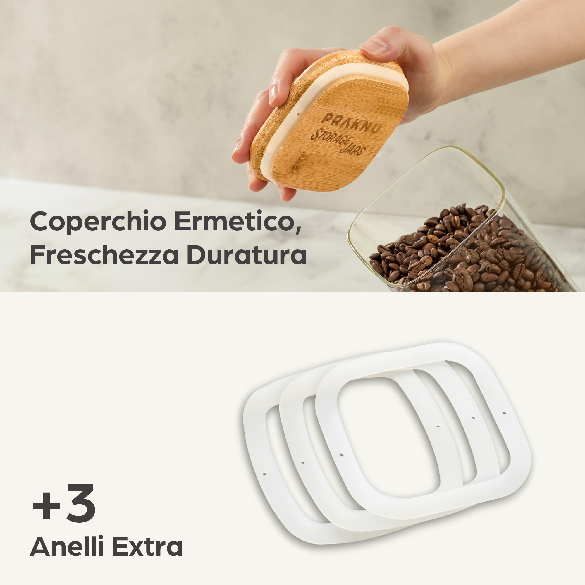 Praknu Set di 3 Barattoli di Vetro con Coperchio - 1 l - Quadrati - Ermetici - Con 6 Guarnizioni - Lavabili in Lavastoviglie