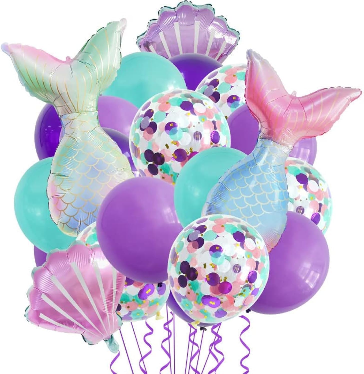 AMERTEER 22PCS Mermaid Balloon Garland Kit | Mermaid Party Decorations for Girls & Women | Birthday, Baby Shower| 4PCS Aluminum Film Balloons, 18PCS Latex Balloons, Mermaid Tail & Sea Shell Balloons