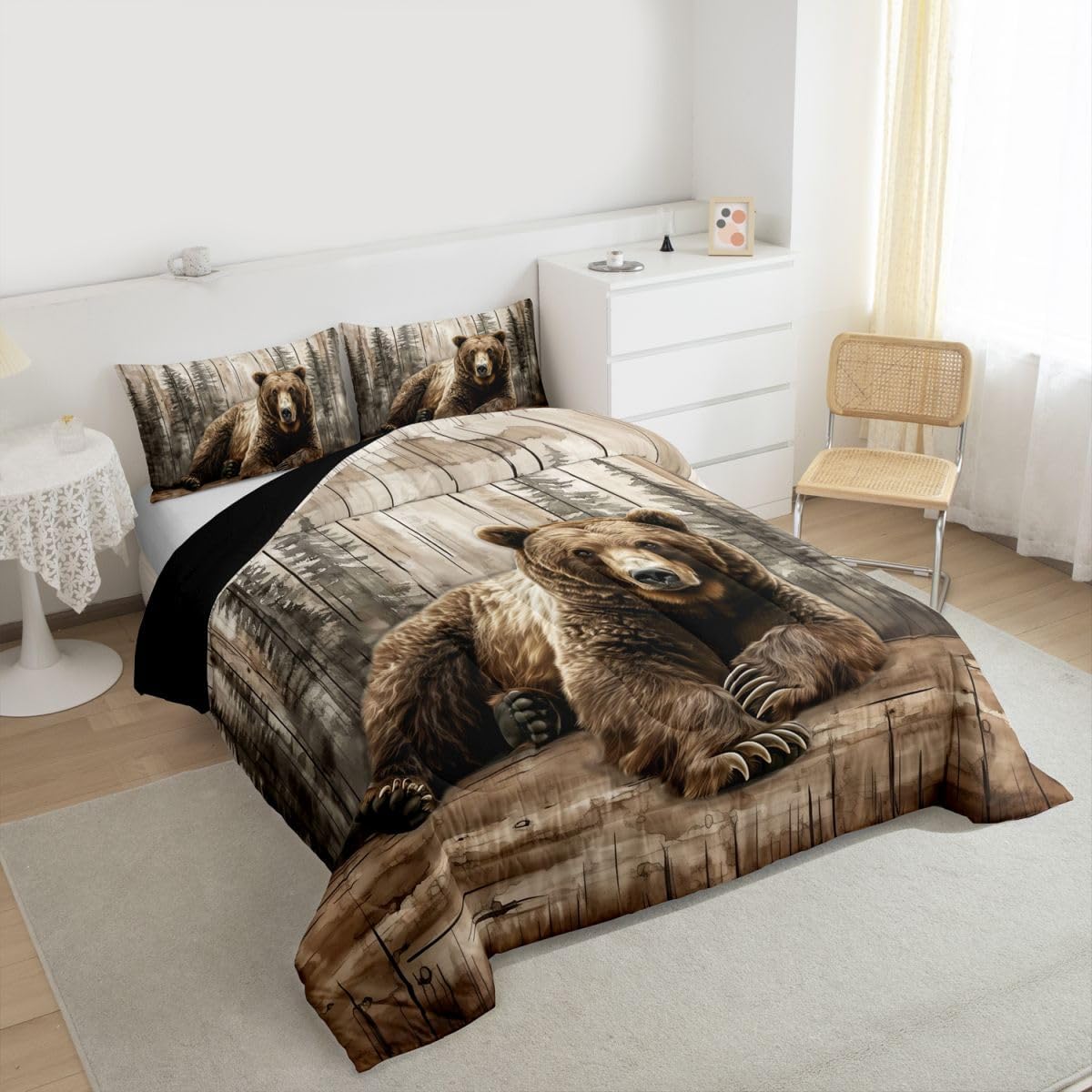 Erosebridal Brown Bear Comforter Set Twin Rustic Farmhouse Cabin Bedding Set Country Hunting Wildlife Comforter for Kids Boys Girls Forest Wild Animal Quilt Duvet