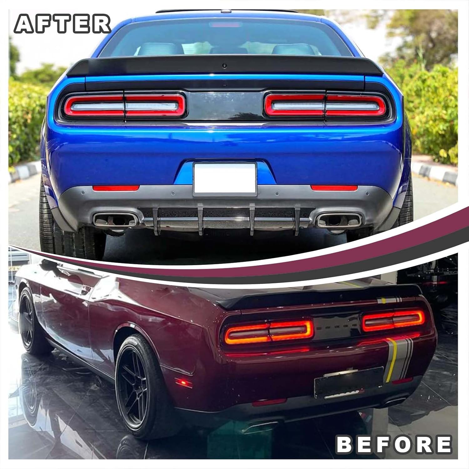 Rear Diffuser Compatible with 2015-2024 Dodge Challenger GT SXT SXT Plus Rock Style Rear Bumper Lower Lip Diffuser 4 Shark Fin Splitter Spoiler (Gloss Black)