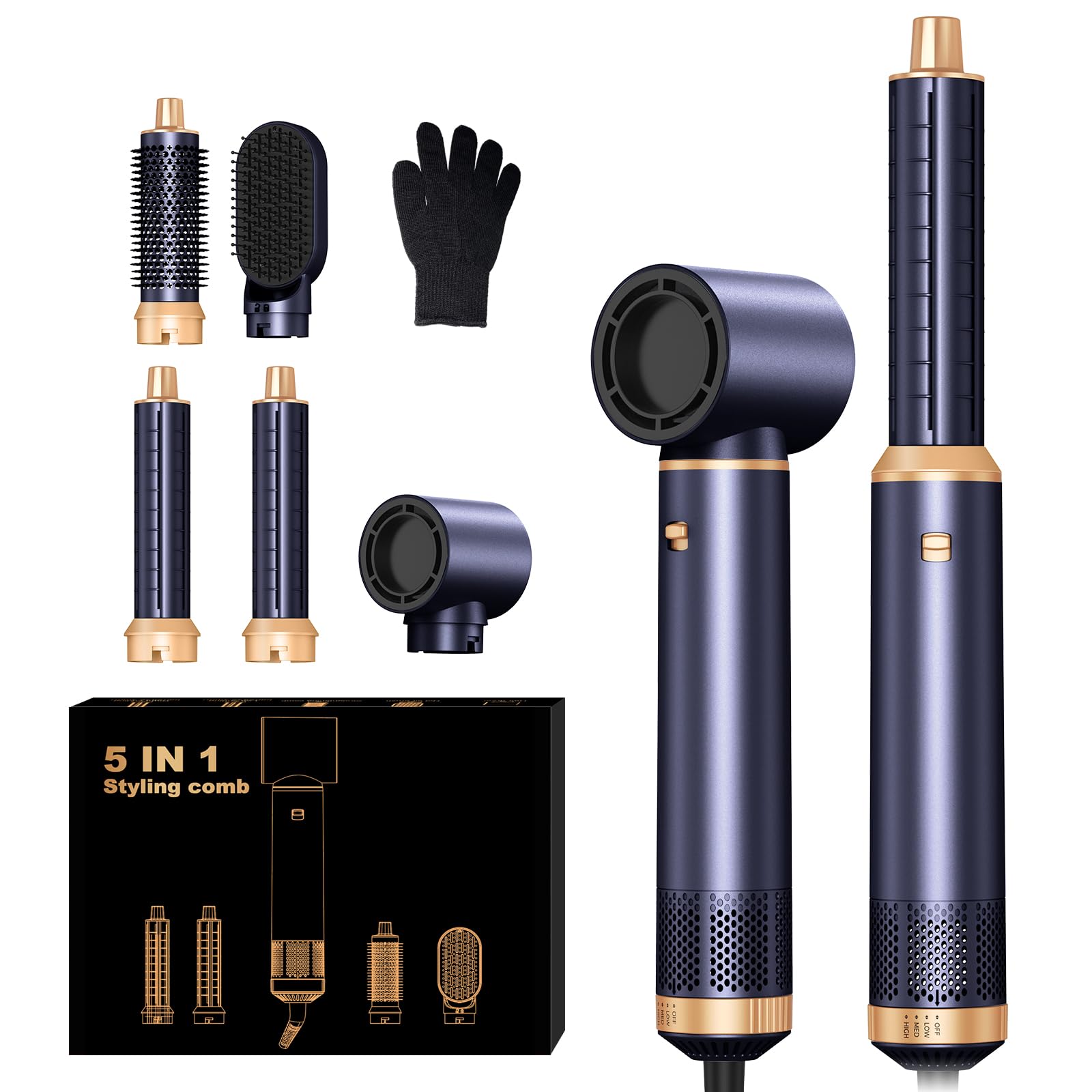 Hair Styler Air Brush 5 en 1 Airbrush 5 en 1 avec Seche Cheveux, Brosse Soufflante, Fer a Boucler, Thermal Brush, Brosse Lissante Seche Cheveux 5 en 1 pour Sécher, Boucler, Lisser