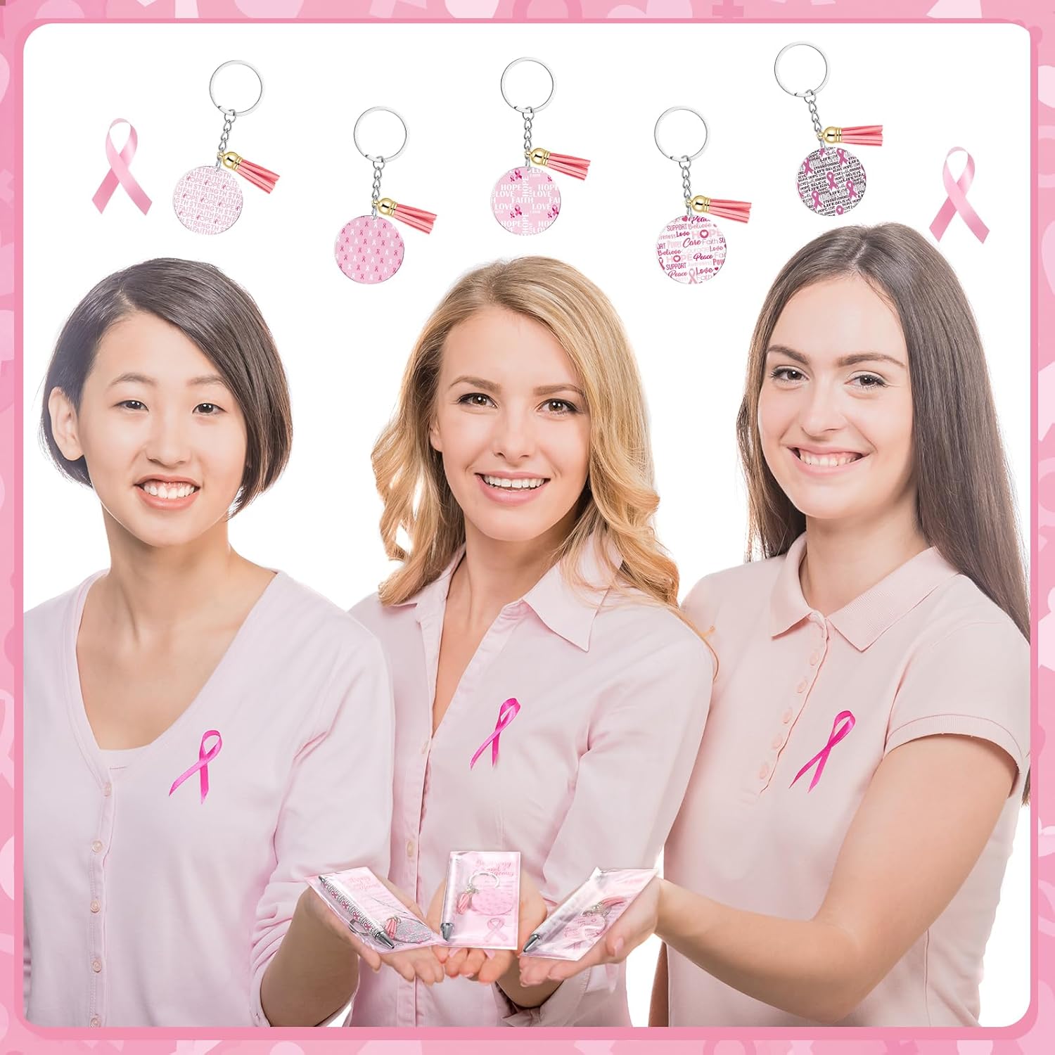 Chiisong 40 Set Breast Cancer Awareness Gifts Bulk Pink Ribbon Pen Keychain Breast Cancer Items for Women Survivor Charity
