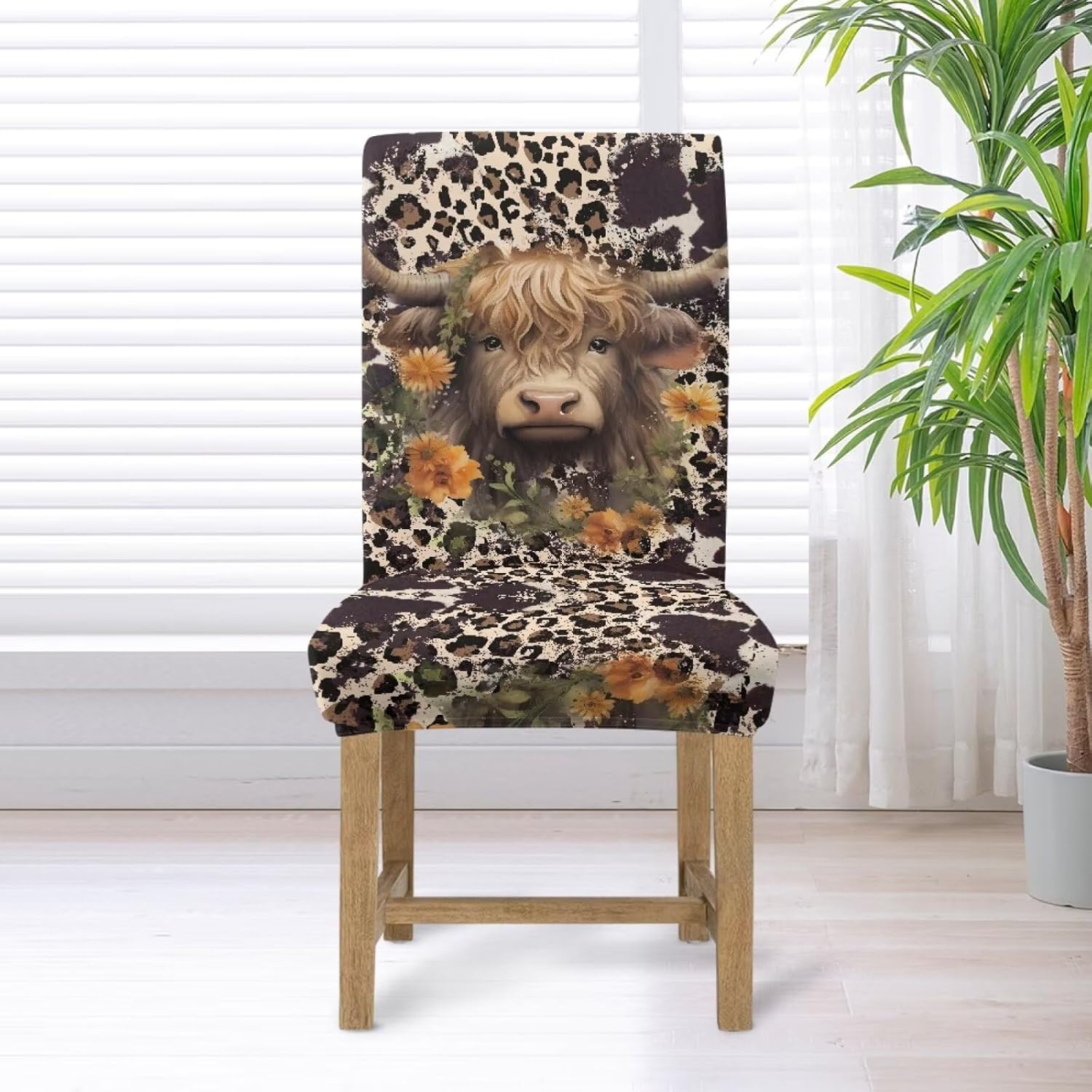 Highland Cow Flower Print Dining Chair Covers Set of 4 Kitchen Chairs Seat Slipcover Protector for Ding Room Stretch Chair Cover