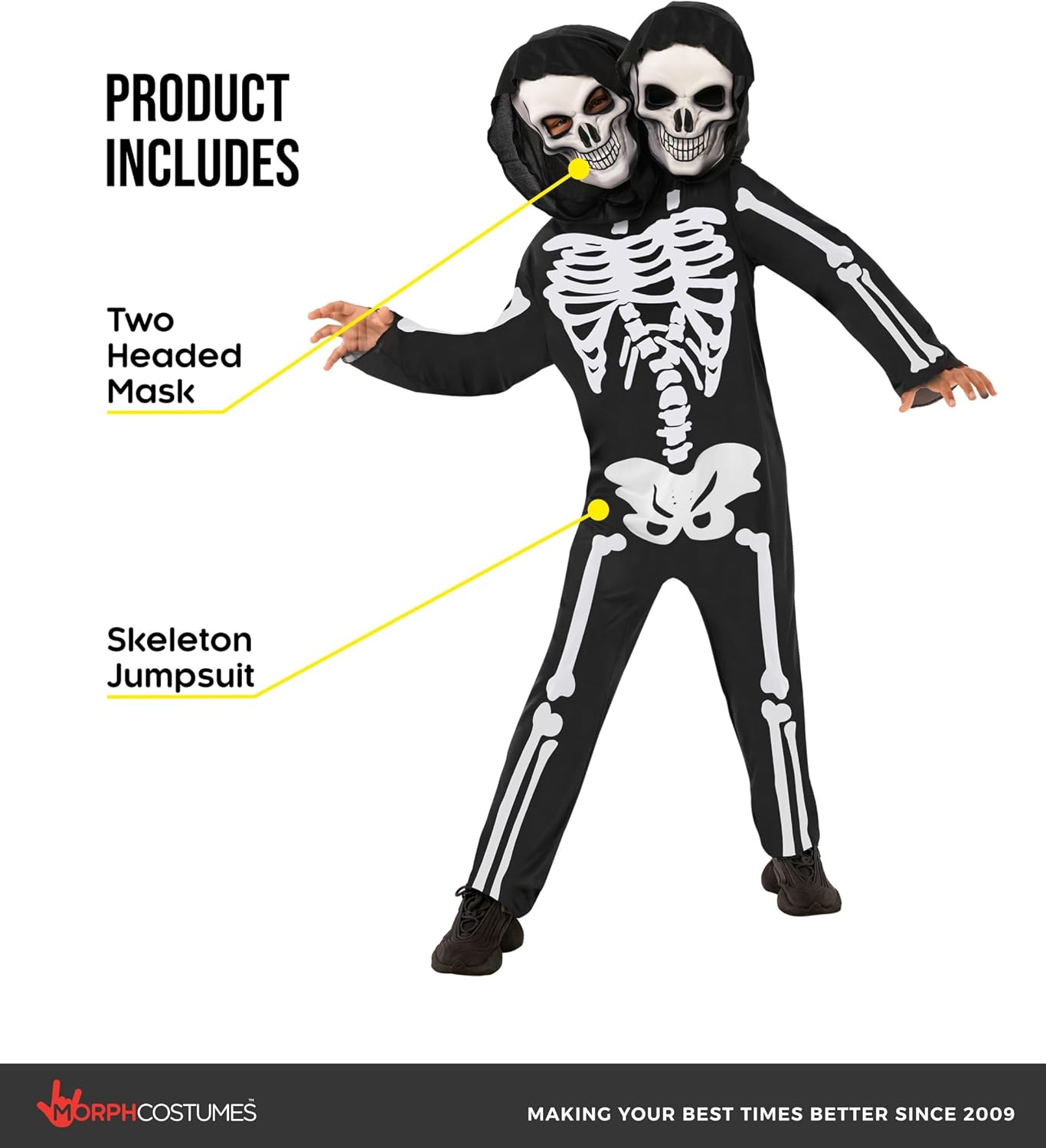 Morph Skeleton Costume Kids - 2-Headed Skeleton Outfit for Boys - Fun Halloween Dress-Up for Children