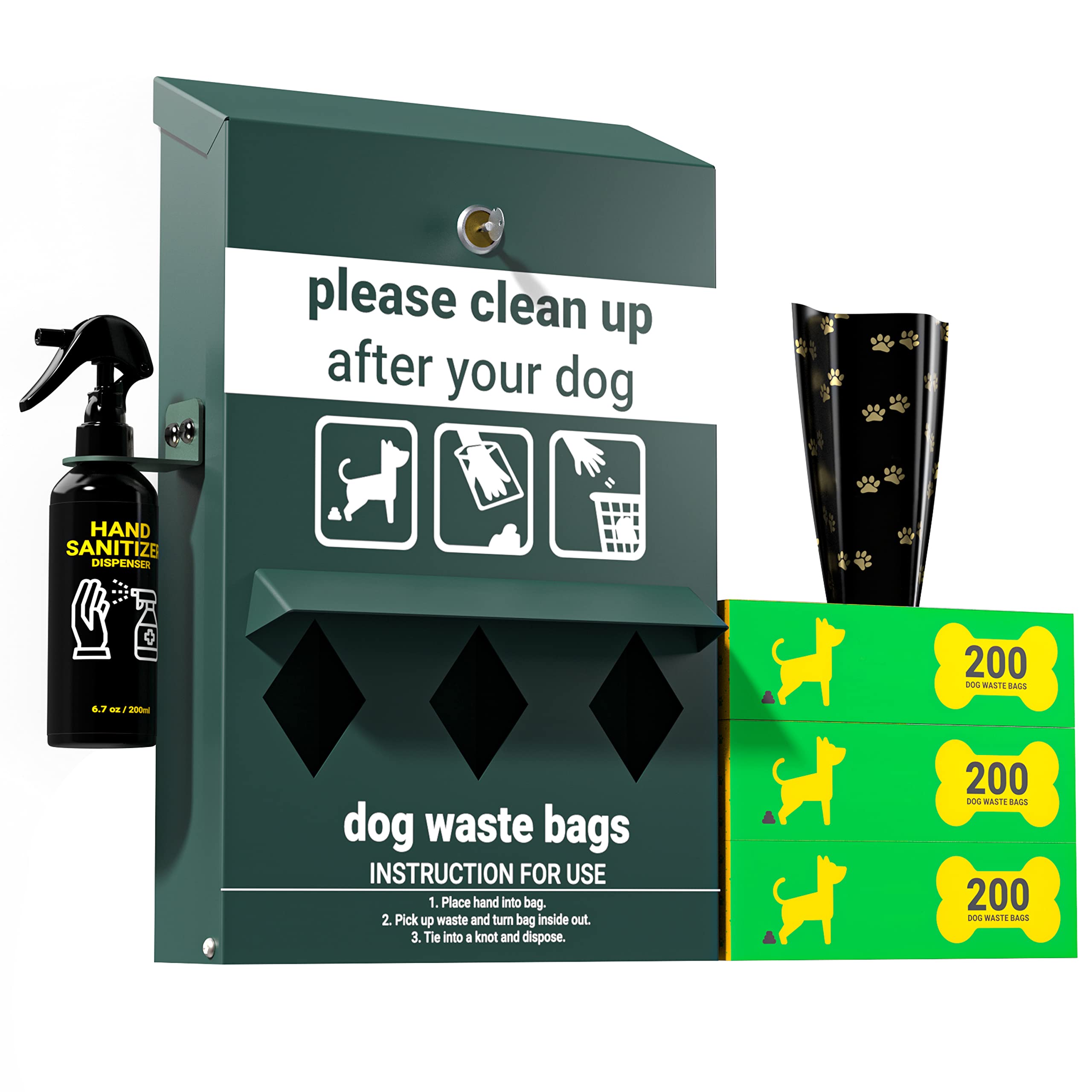 Flash Furniture Kessler Locking Dog Waste Bag Dispenser with Glow in The Dark Sign, Hand Sanitizer Bottle and Rain Guard - 600 Roll Bags Included