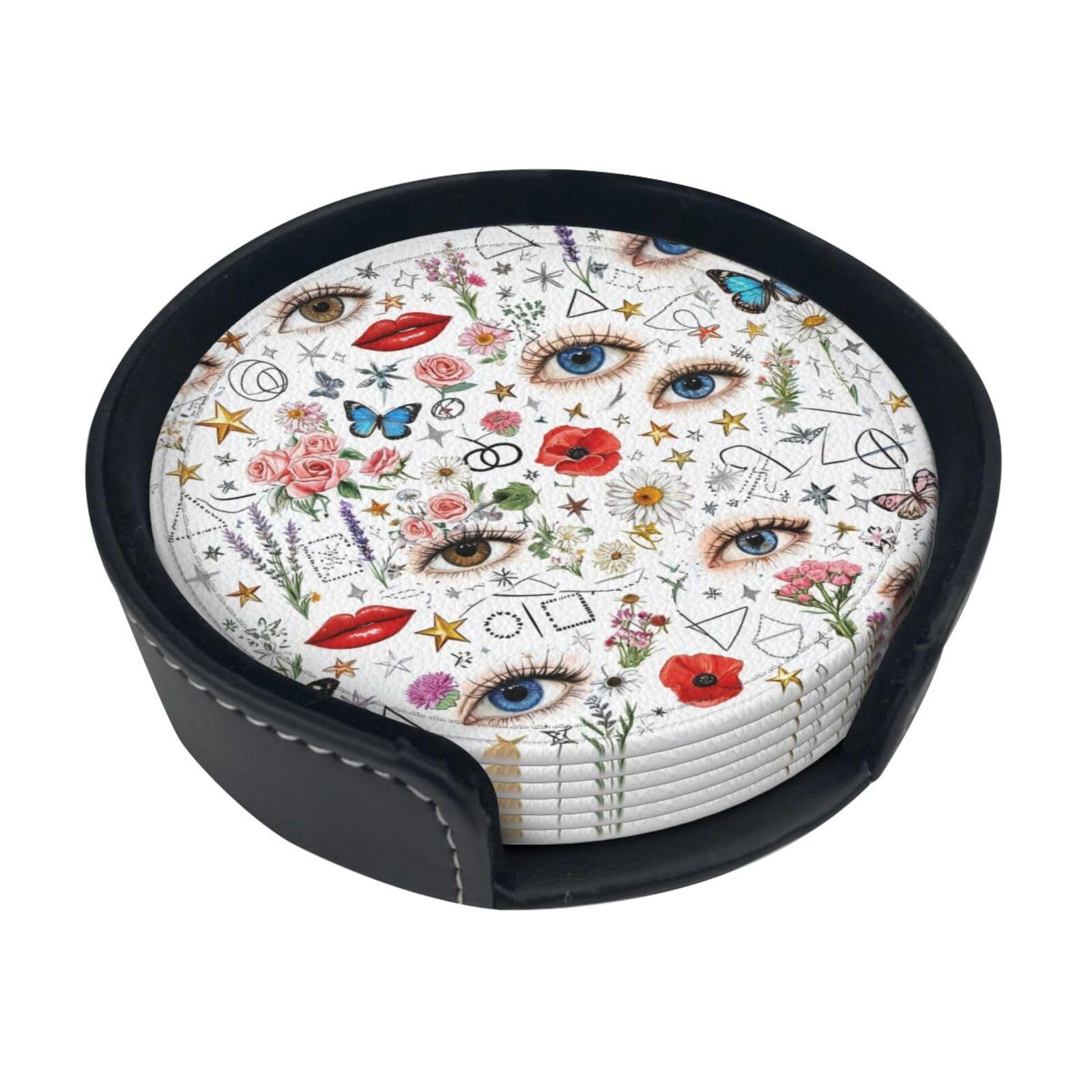 Collage Mash Leather Coasters-Set of 6 with Storage Holder