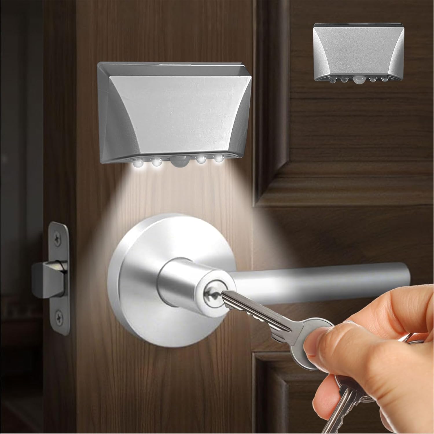 Silver Motion Sensor Keyhole Light – Automatic on/Off Infrared LED, Suitable for Front Doors, corridors, Stairs in The Dark | 3-Way Installation （Magnetic Suction、Adhesive and Screw）