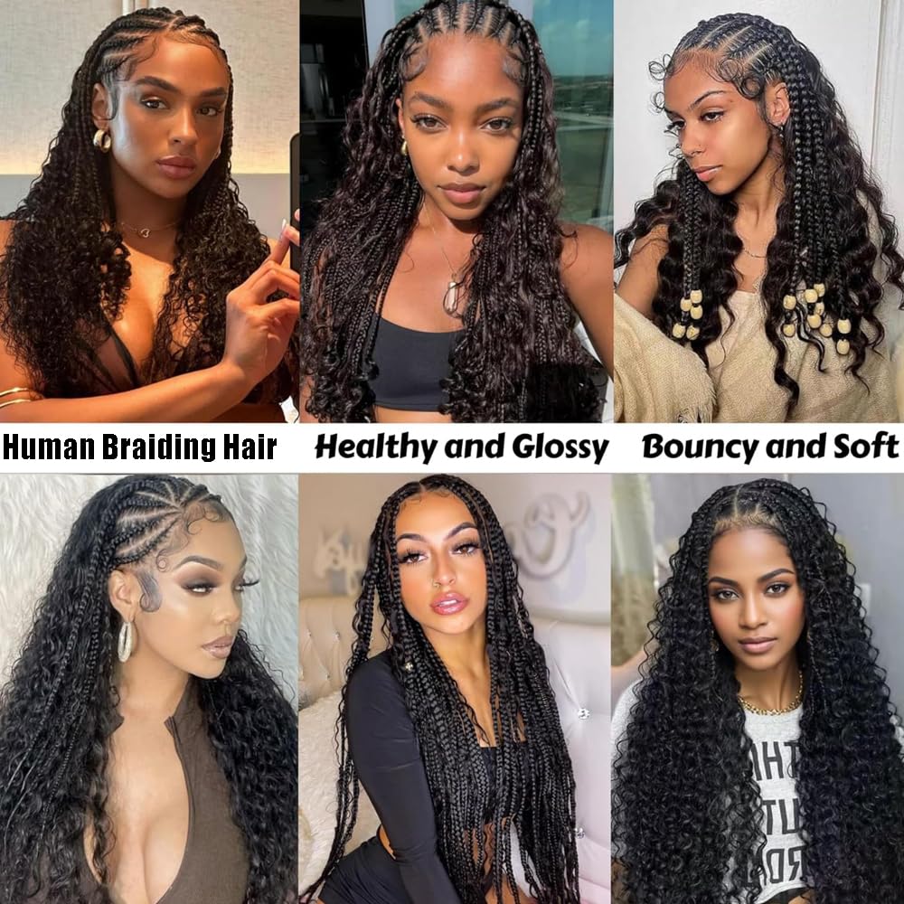 34 34 34 Inch Human Braiding Hair for Boho Braids 150g 3 Bundles/Pack Deep Wave Bundles Human Hair for Braiding Wet and Wavy Natural Color