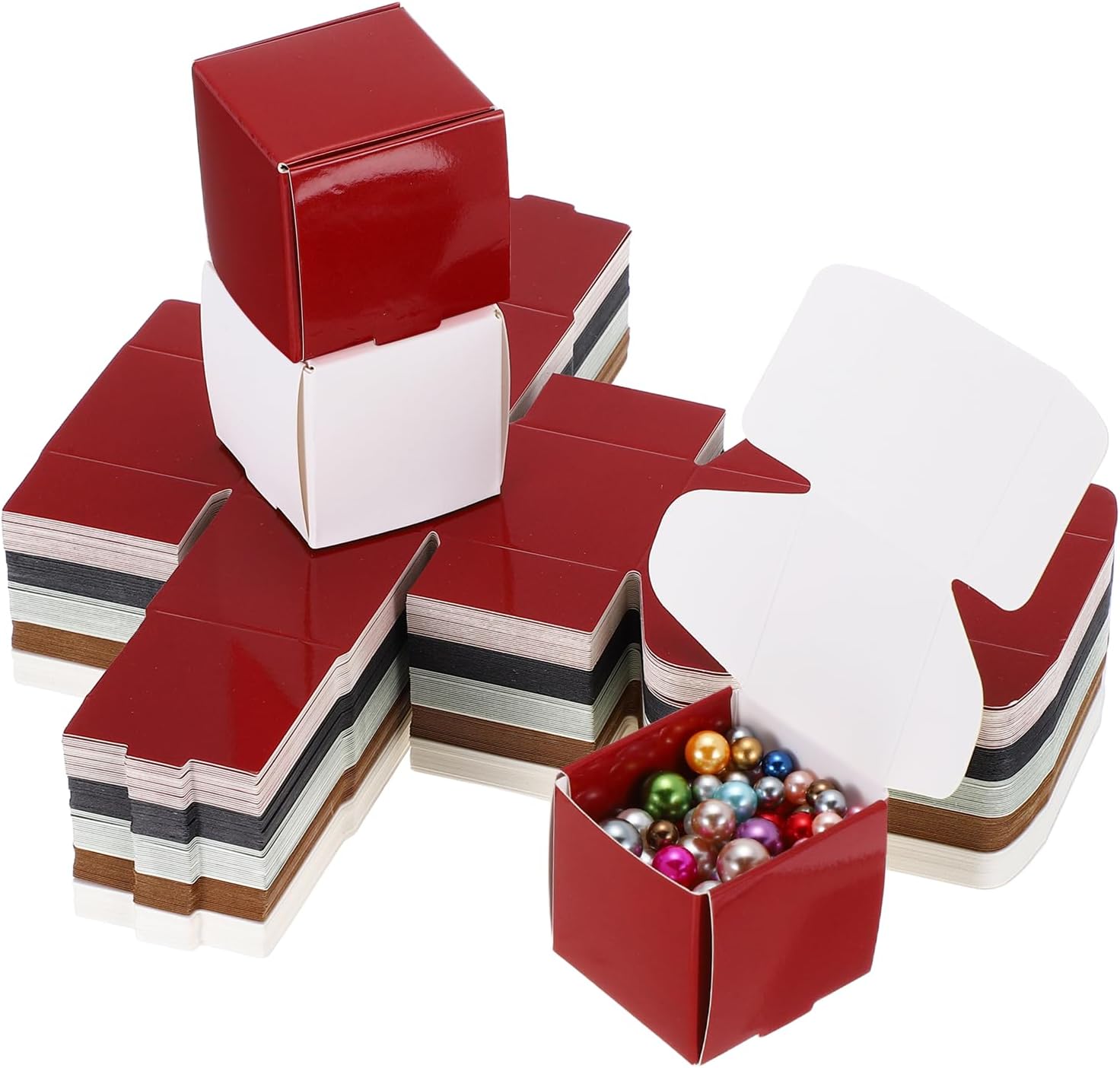 1.6x1.6x1.6 Small Gift Boxes Bulk with Lid, 50 Pack Mini Square Foldable Cardboard Paper Present Box for Earring Ring Jewelry, Wedding, Birthday, Black/White/Kraft/Red/Green