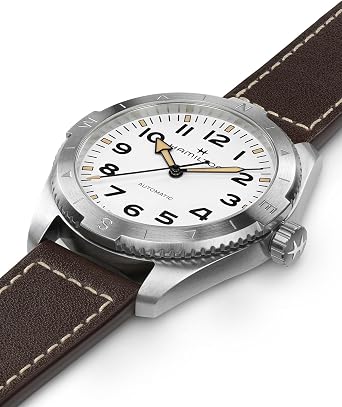 Hamilton Khaki Field Expedition Automatic Men's Watch, 41mm Stainless Steel Case, Swiss Made, White Dial Analog Wrist Watch, 100m Waterproof, Sapphire Crystal, 3-Hand Movement, Cow Leather Strap