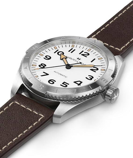 Hamilton Khaki Field Expedition Automatic Men's Watch, 41mm Stainless Steel Case, Swiss Made, White Dial Analog Wrist Watch, 100m Waterproof, Sapphire Crystal, 3-Hand Movement, Cow Leather Strap