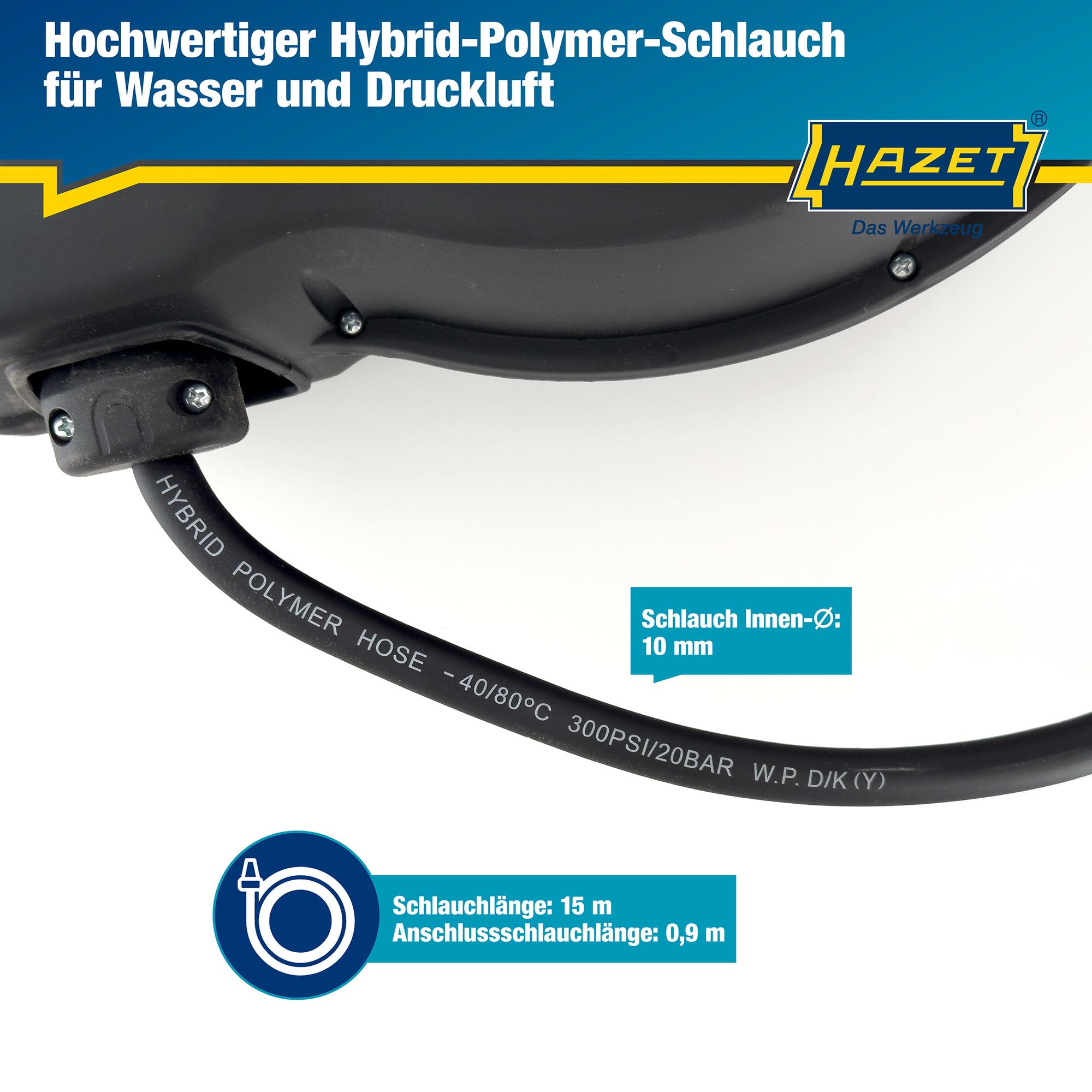 HAZET Schlauch-Aufroller 9040N-10 I Schlauchlänge: 15 m, Schlauchinnendurchmesser: 10 mm, max. Druck: 20 bar für Druckluft und Wasser I Schlauchtrommel für sauberes Aufwickeln von Schläuchen