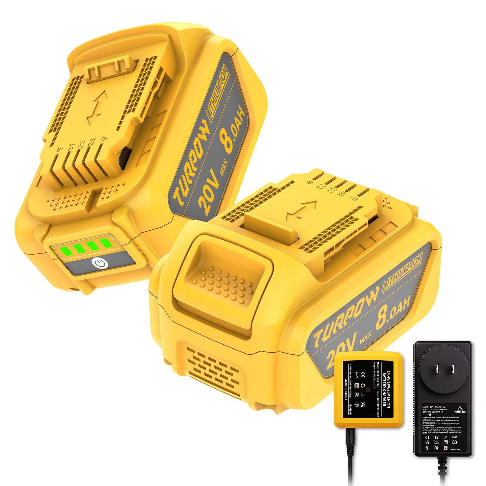 New Model 2 Pack 8.0Ah Replacement Battery and Charger for Dewalt 20V Max Batteries DCB200 DCB205-2 DCB206 DCB204 DCB203 DCB208 Compatible with Dewalt 20V Cordless Power Tools