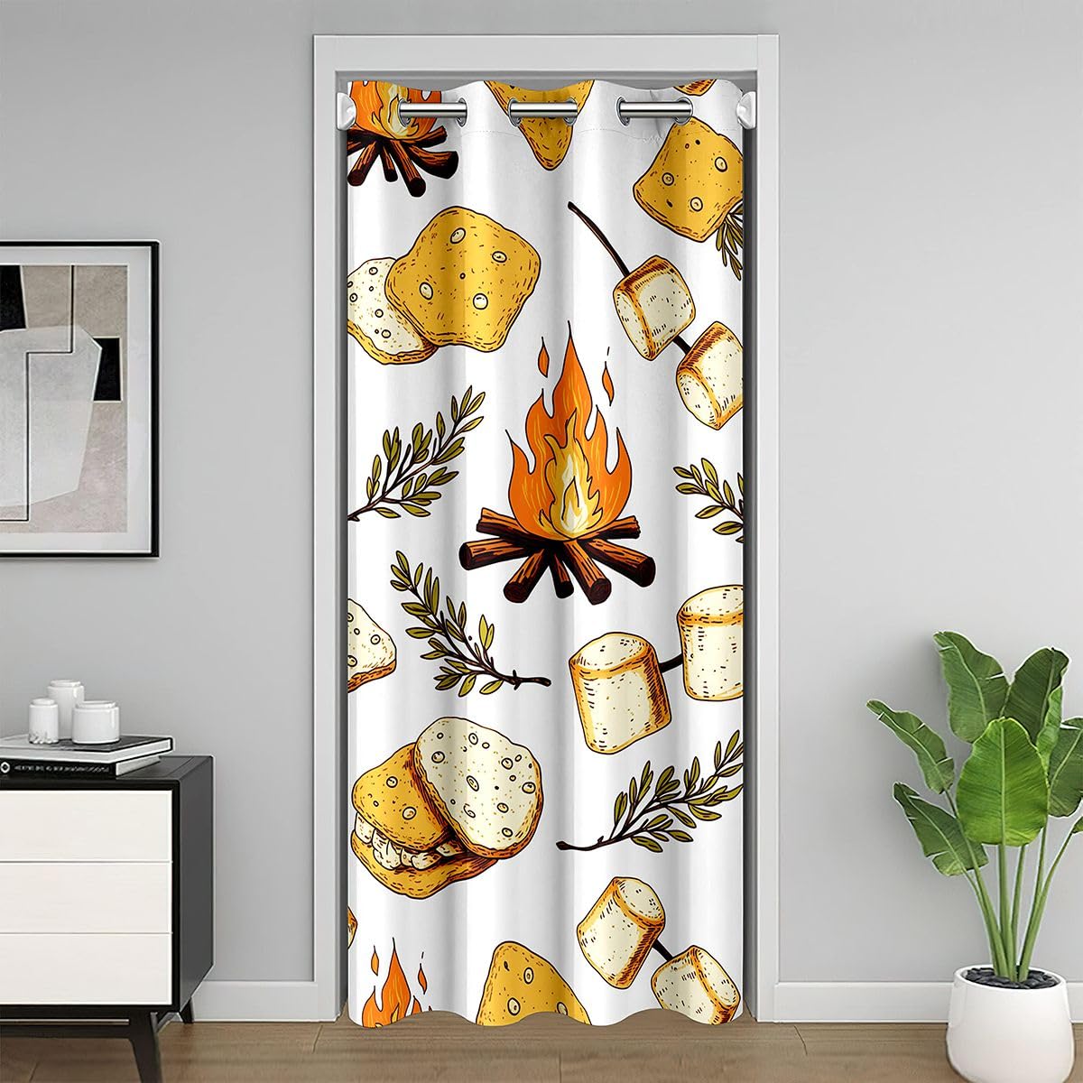 Rideau de porte occultant 150x203cm motif feu de camp pour decoration interieure de chambre