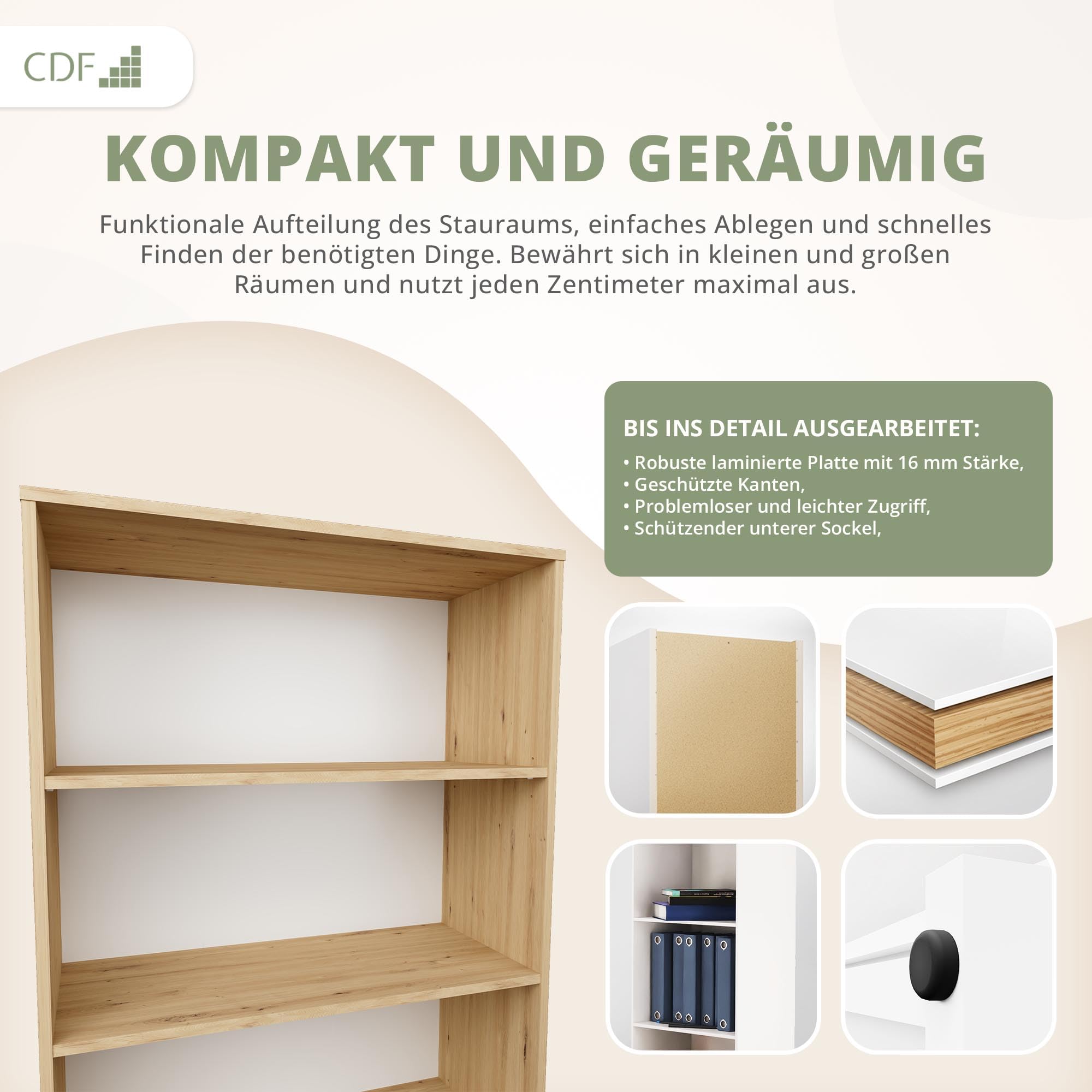 CDF Bücherregal Regal Standregal Büroregal für Ordner - Büro Wohnzimmer Homeoffice Bücherschrank zur Aufbewahrung Dokumenten Dekoration Robuste Konstruktion - Eiche Artisan 80cm