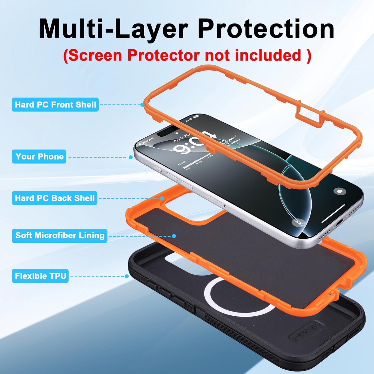 for Defender iPhone 16 Pro Max Case with Belt Clip Holster, [Compatible with MagSafe] 3-Layer Heavy Duty Military Grade Drop Protection, Rugged Protective Case for iPhone 16 Pro Max (Black+Orange)