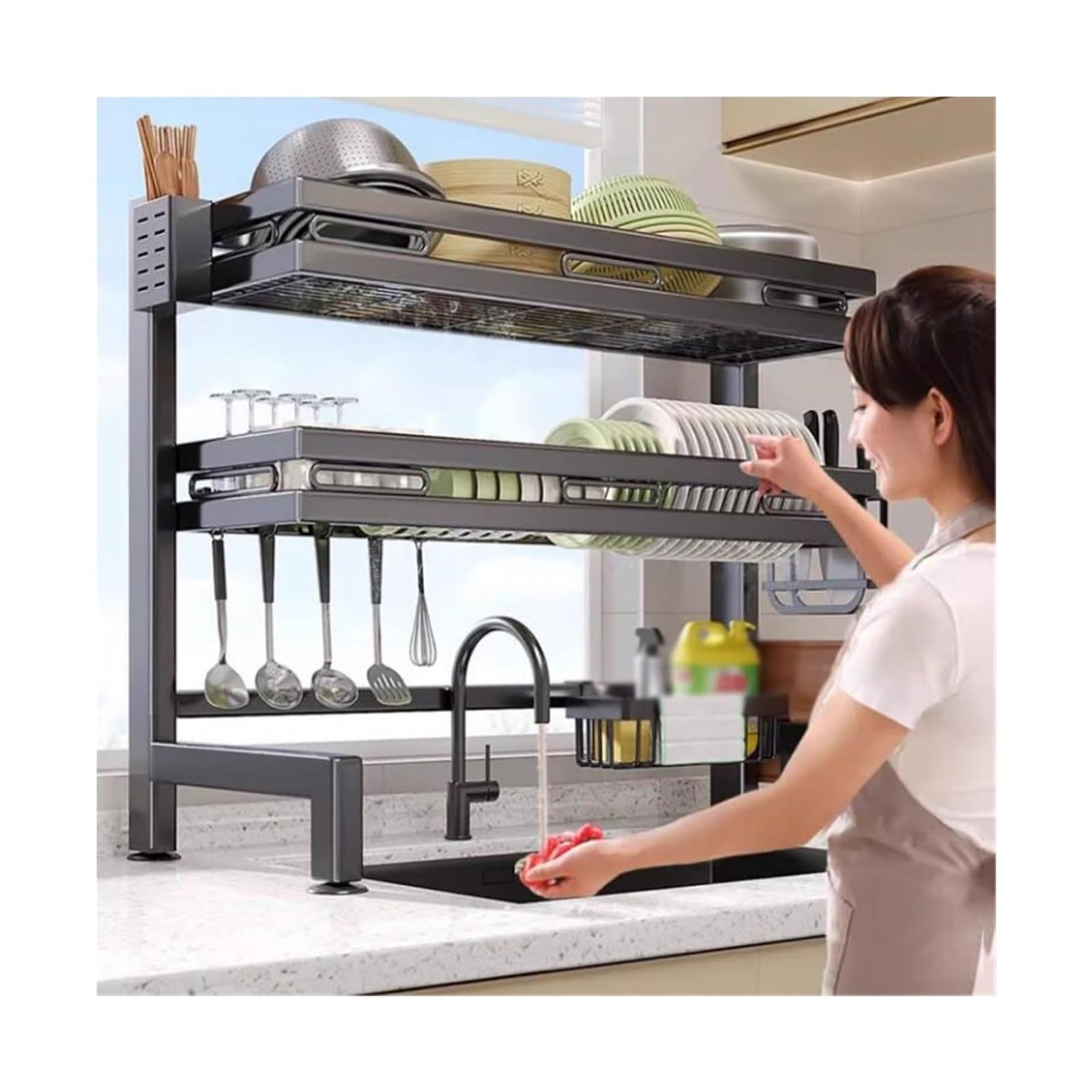AVkgwrtb Dish Drying Rack, Dish Rack 2-Tier Metal Black Multifunctional Space-Saving Storage Organizer Multiple Sizes(55cm/21in)