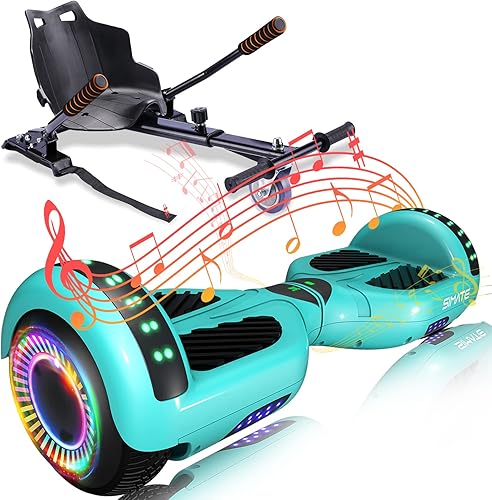 SIMATE Aeropatineta con combinación de accesorios de asiento, 6.5 pulgadas, autoequilibrante, con altavoces Bluetooth y luces LED para niños