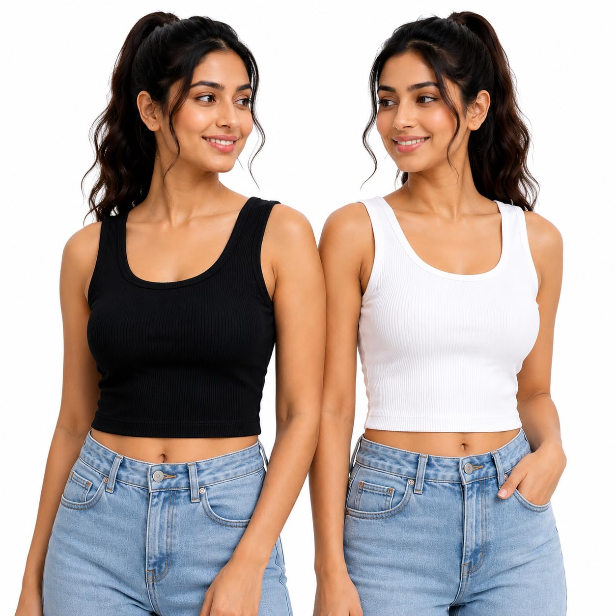 Women's Ribbed Crop Tank Top for Women | Pack of 2 | Cotton Blend Sleeveless Crop Top | Stretch Round Neck Casual Basic Cropped Camisole | Soft Breathable Fitted Summer for Daily Use-image-12