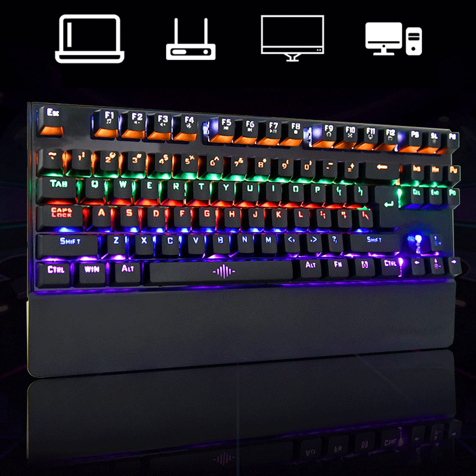 Kolorowa Mechaniczna Klawiatura do Gier z 87 Klawiszami RGB i Niebieskimi Przełącznikami dla Graczy i do Użytku Domowego z wygodną podpórką Pod Nadgarstki