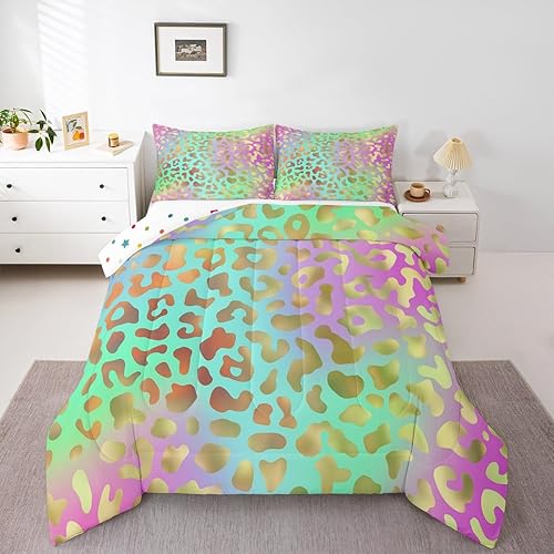 Miniatura 1 de Juego de ropa de cama con estampado de leopardo arcoíris tamaño King, juego de edredón de animales africanos, inserto de edredón elegante de