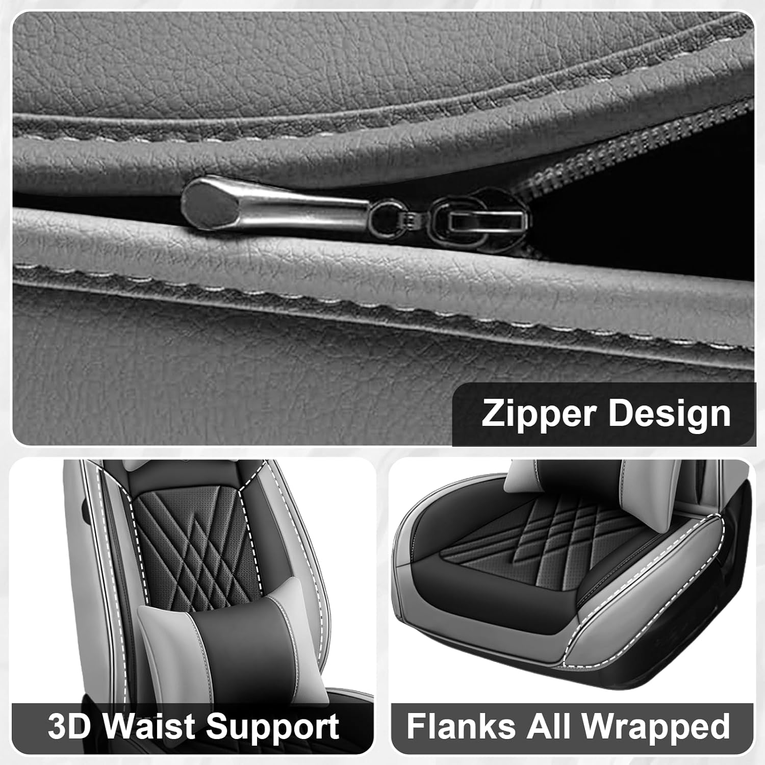 Car Seat Covers Fit for Toyota Camry 2012-2026, 3D Waist Support & Premium Nappa Leather, Waterproof, Scratch-Resistant(Black Gray, Full Set with Pillow)