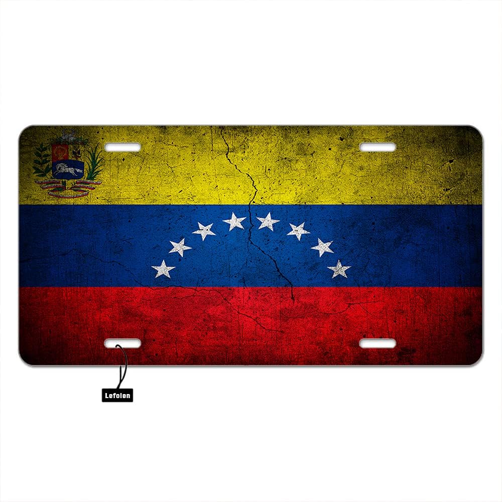 Flag of Venezuela Car Front License Plates Country Banner On Cracked Retro Wall with Stars Aluminum Metal Car Tag Vanity Plates 6 X 12 Inch for Men Woman Girls Boys